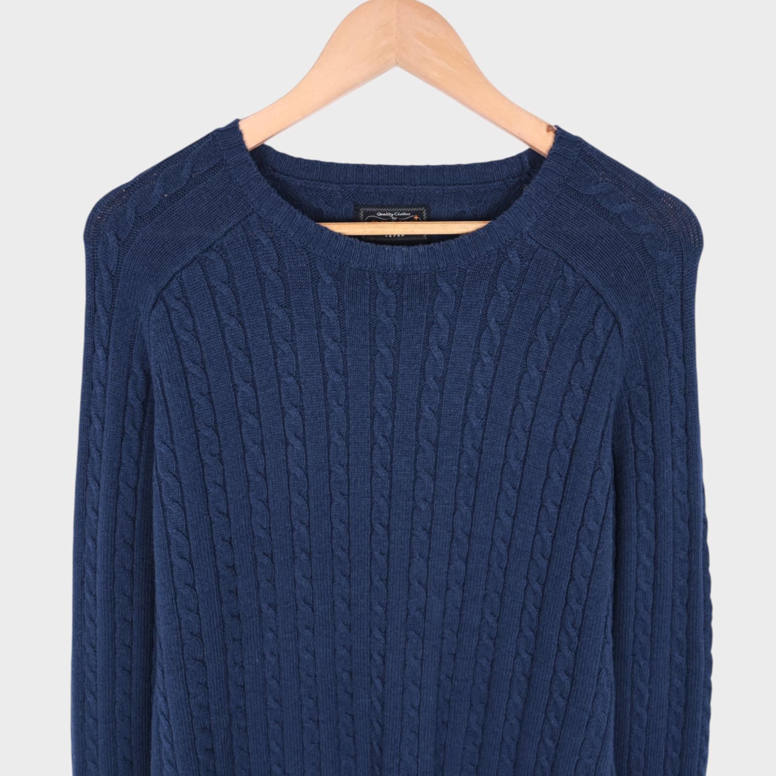 BEAMS PLUS Men's Navy Blue Linen/Cotton Blend Cable Knit Jumper