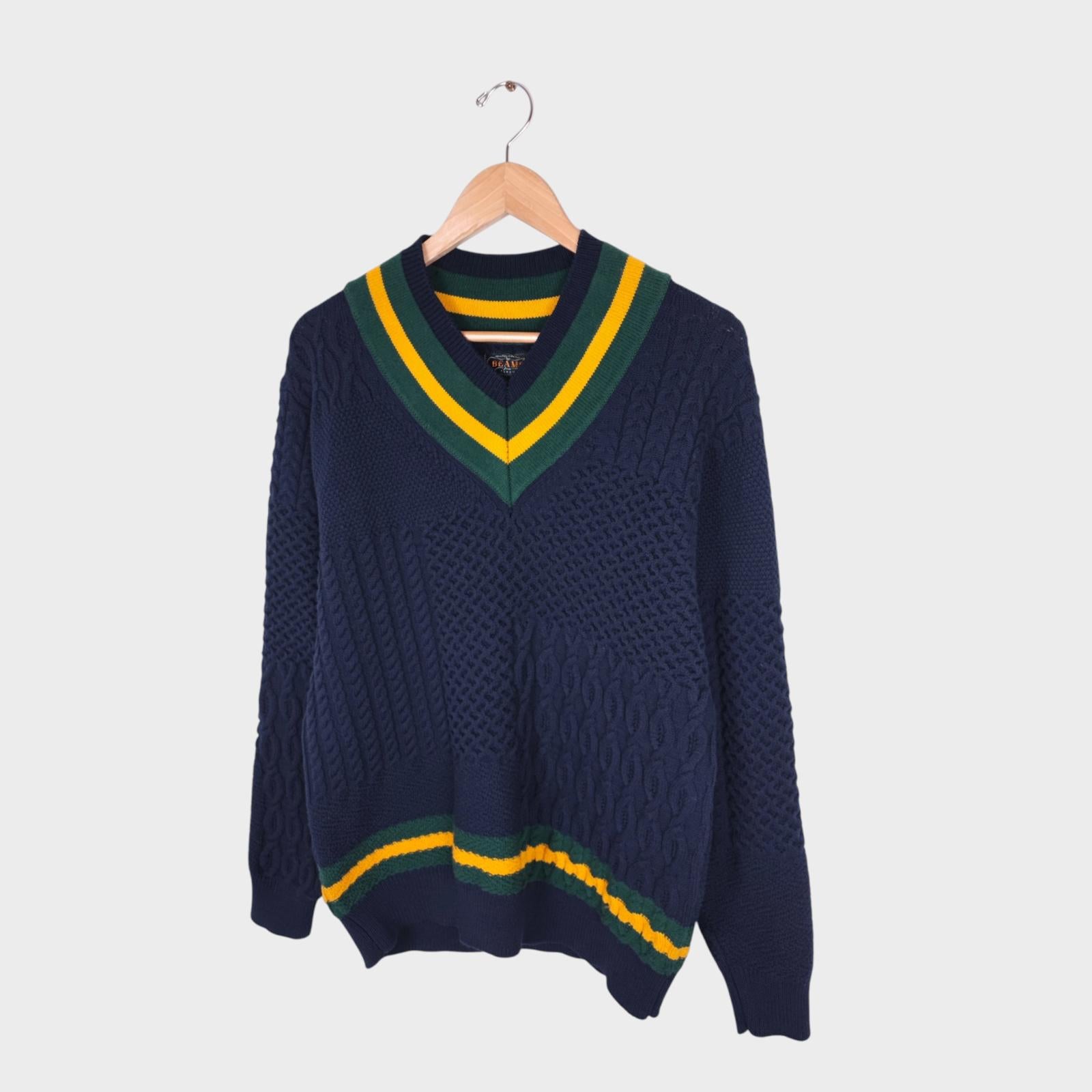 BEAMS PLUS Men's Cotton Blend Cable Knit V-Neck Cricket Jumper