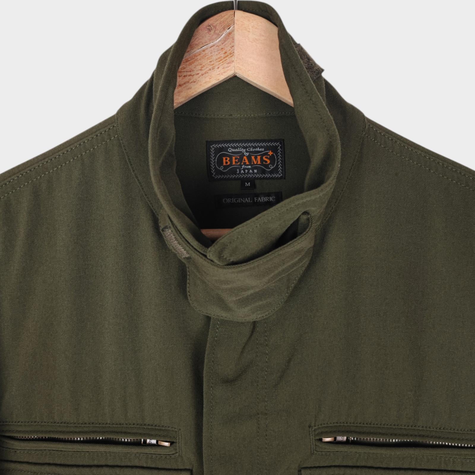 BEAMS PLUS Men's Green 100% Wool Military Zip Blouson Jacket