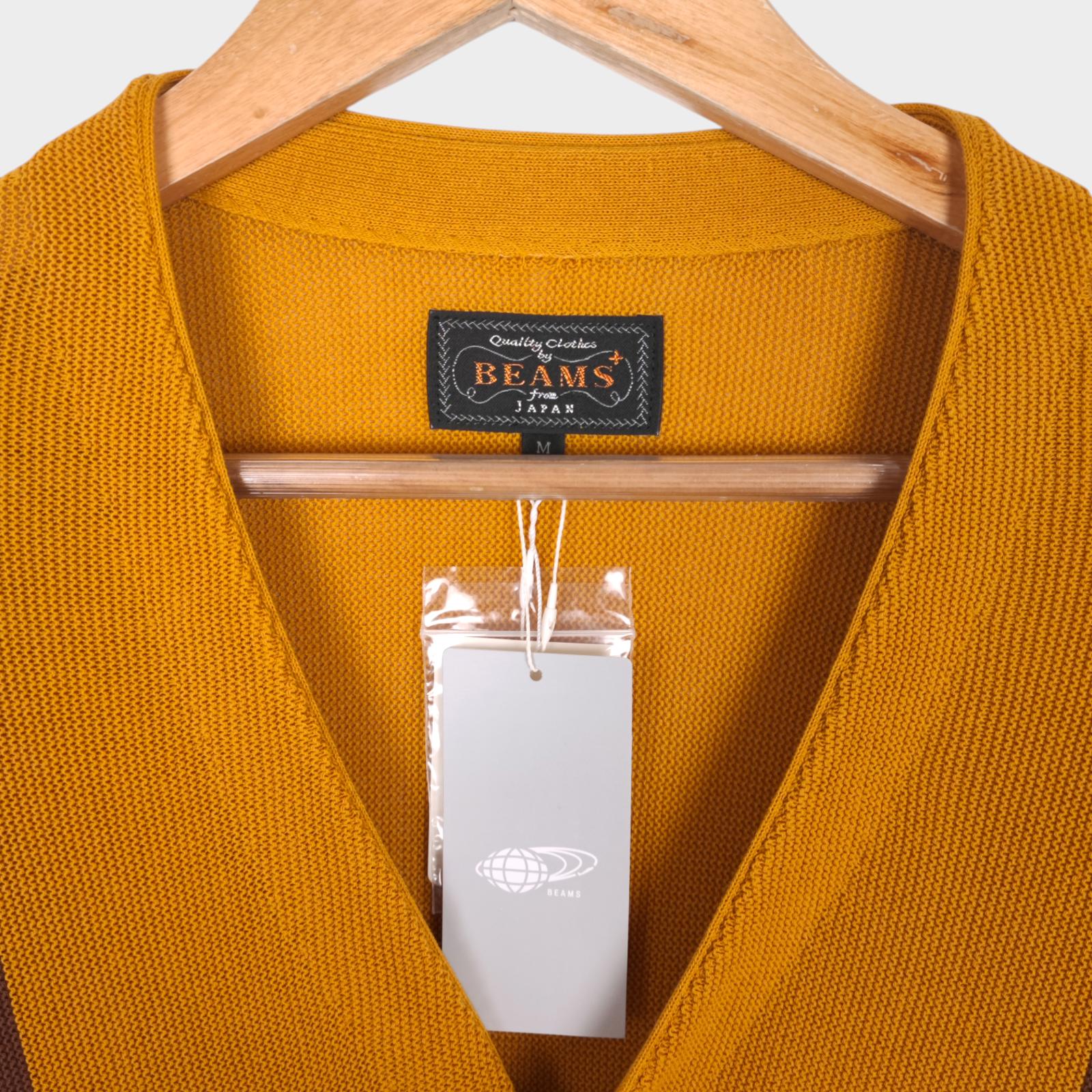 BEAMS PLUS Men's Yellow Jacquard Stripe Cotton Knitted Cardigan