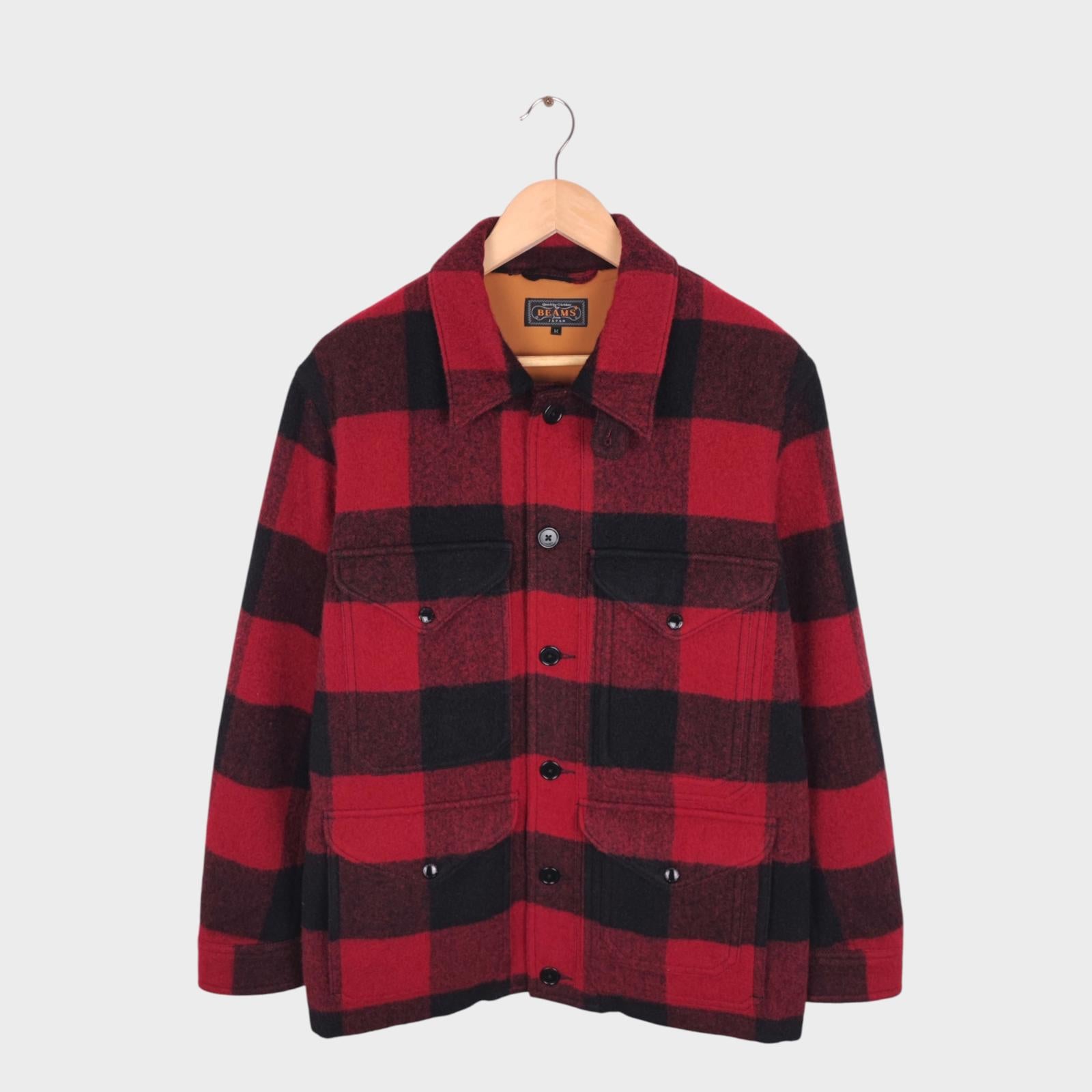 BEAMS PLUS Men's Red/Black Buffalo Wool Blend Check Mackinaw Cruiser Jacket