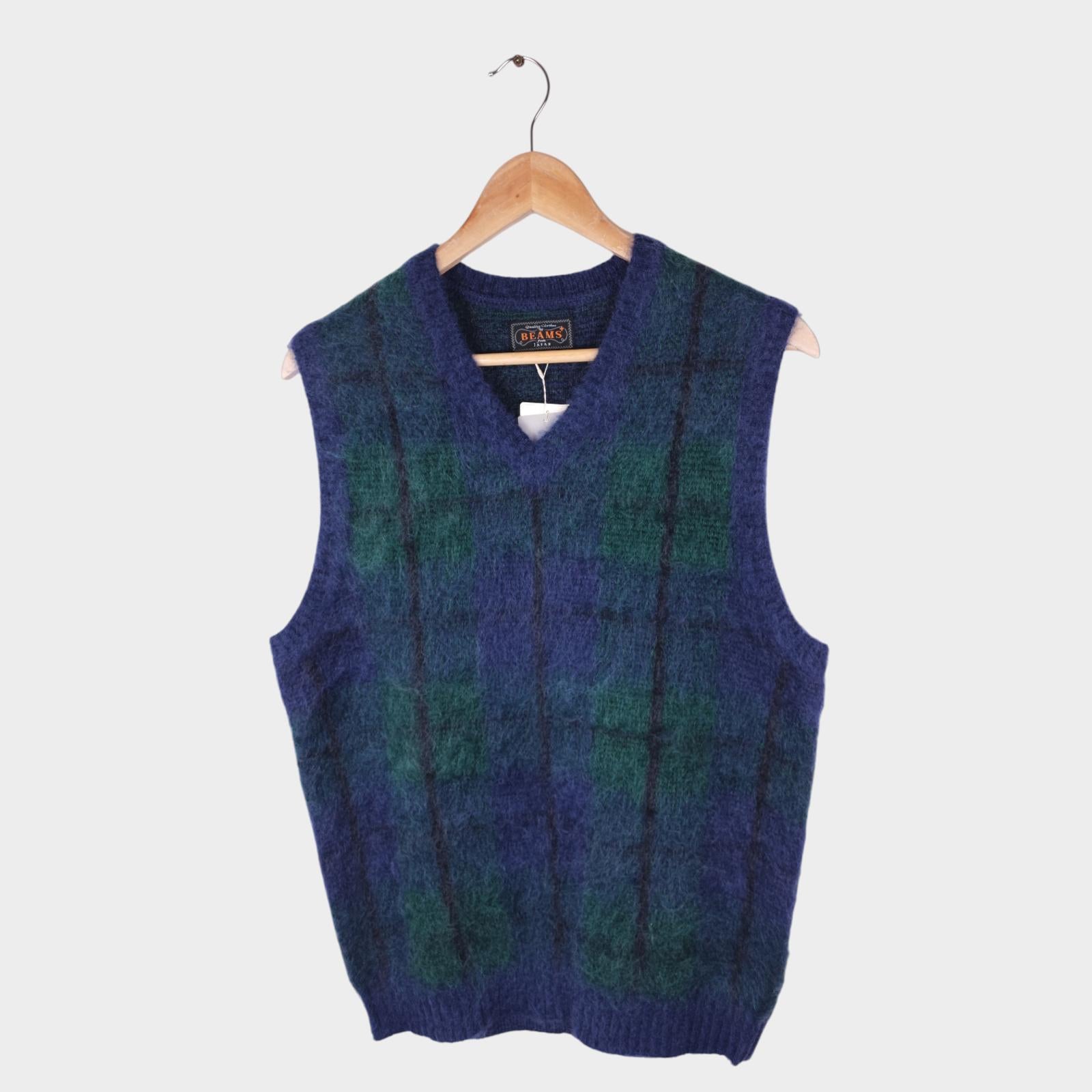 BEAMS PLUS Men's Navy/Green Check Shaggy Mohair Wool Blend Vest