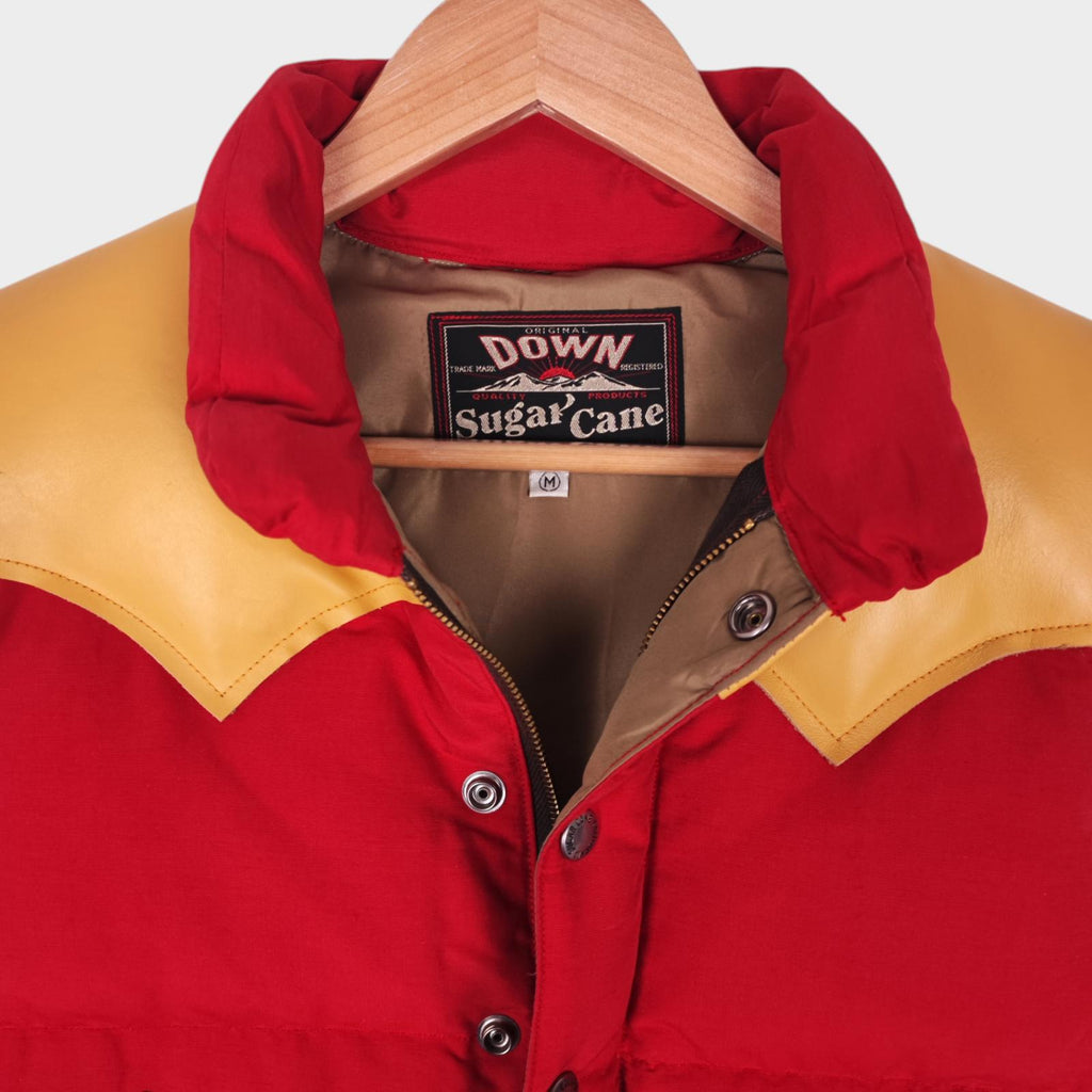SUGAR CANE Men's Red Cotton/Nylon Leather Yoke Down Vest Gilet
