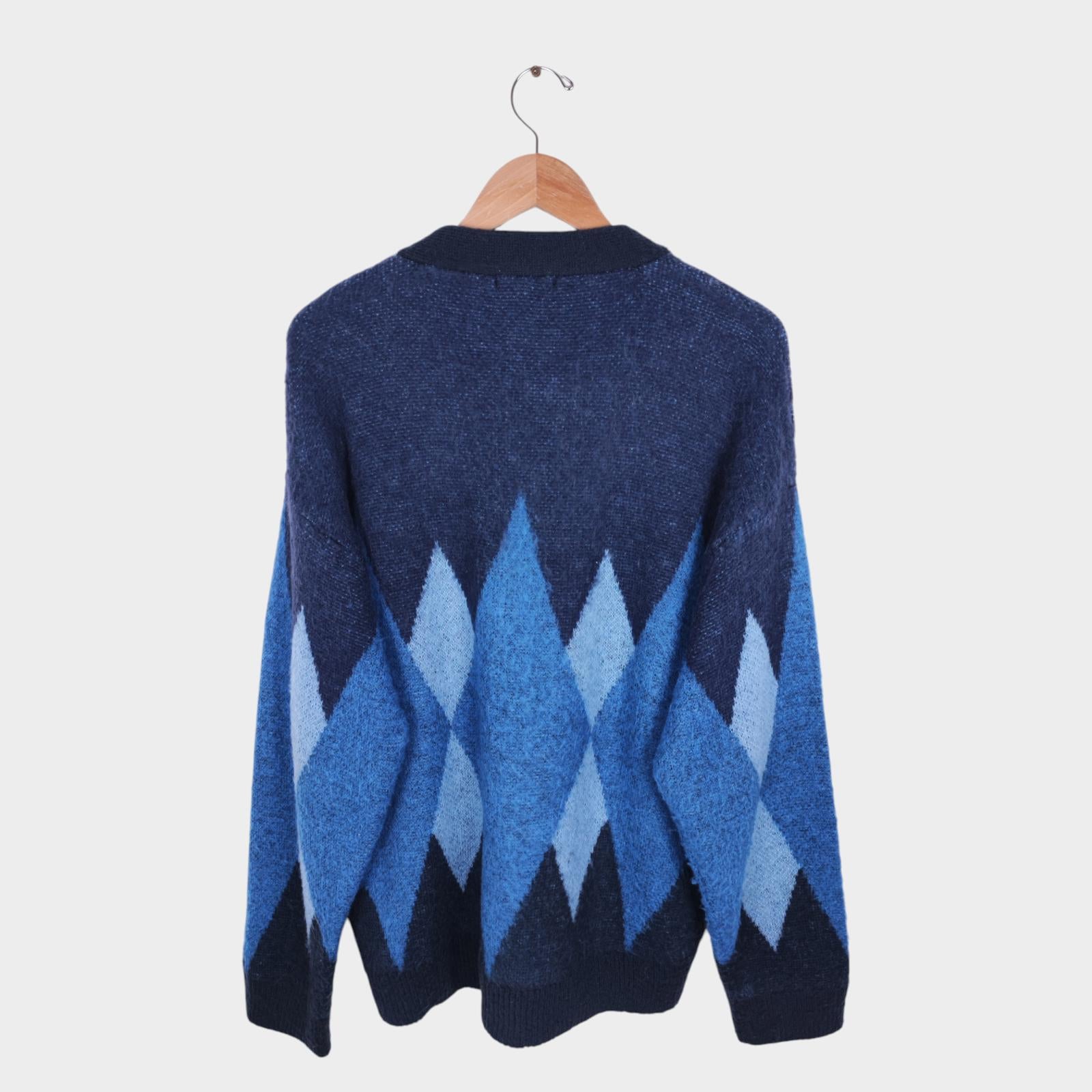 BEAMS HEART Men's Blue Mohair Blend Shaggy Grunge Argyle Cardigan