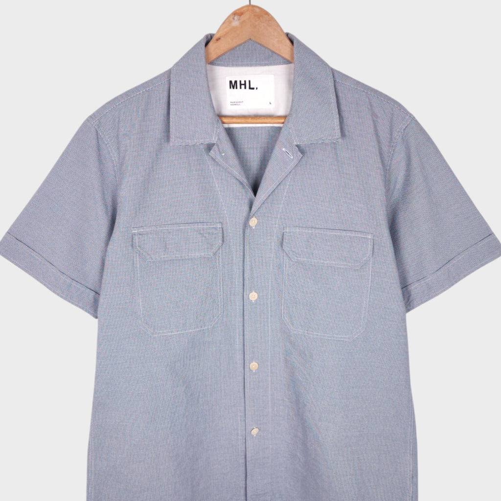 MHL MARGARET HOWELL Men's Blue Short Sleeved Micro Dogtooth Shirt