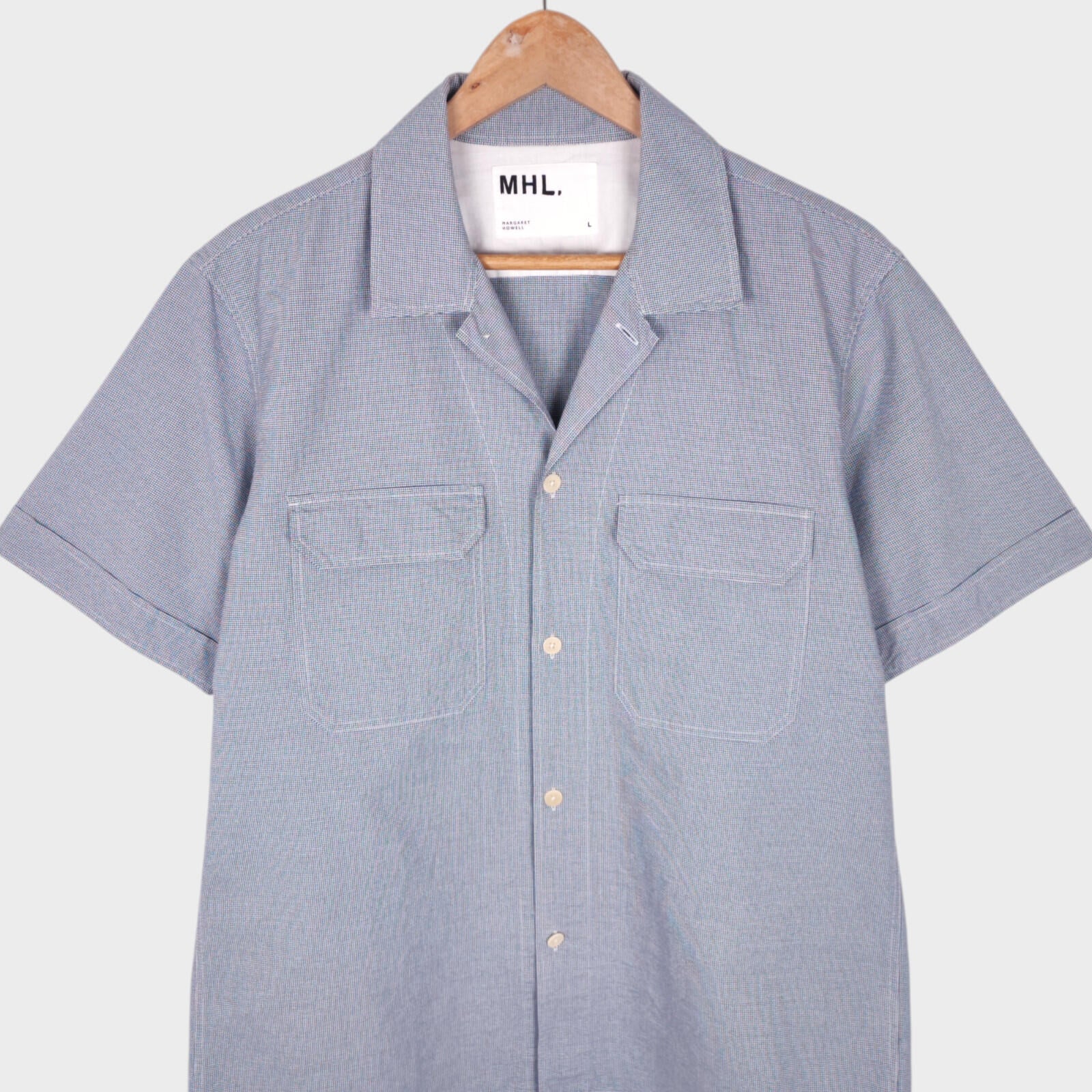 MHL MARGARET HOWELL Men's Blue Short Sleeved Micro Dogtooth Shirt