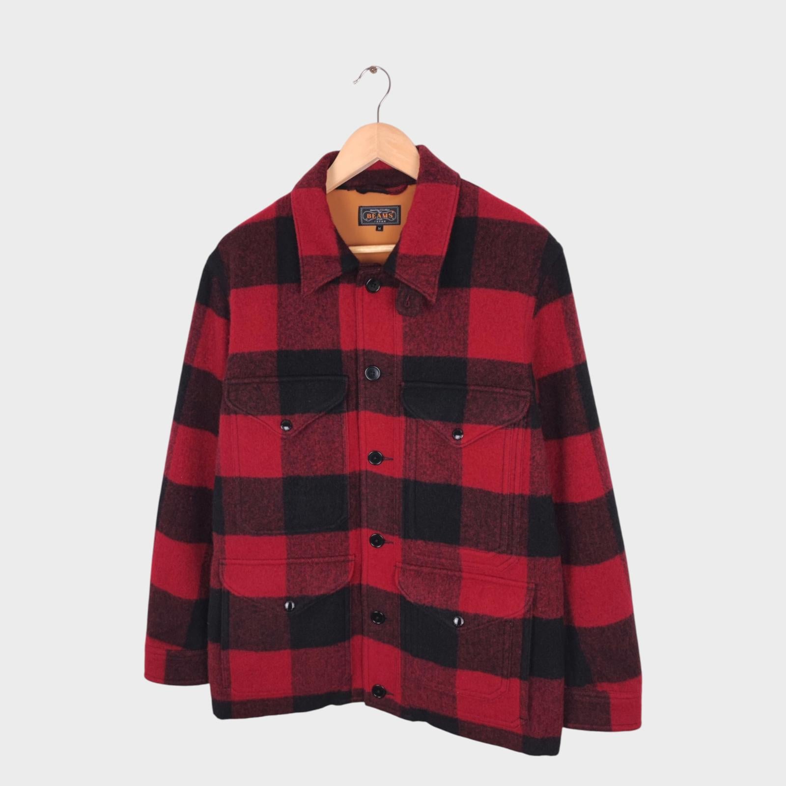BEAMS PLUS Men's Red/Black Buffalo Wool Blend Check Mackinaw Cruiser Jacket