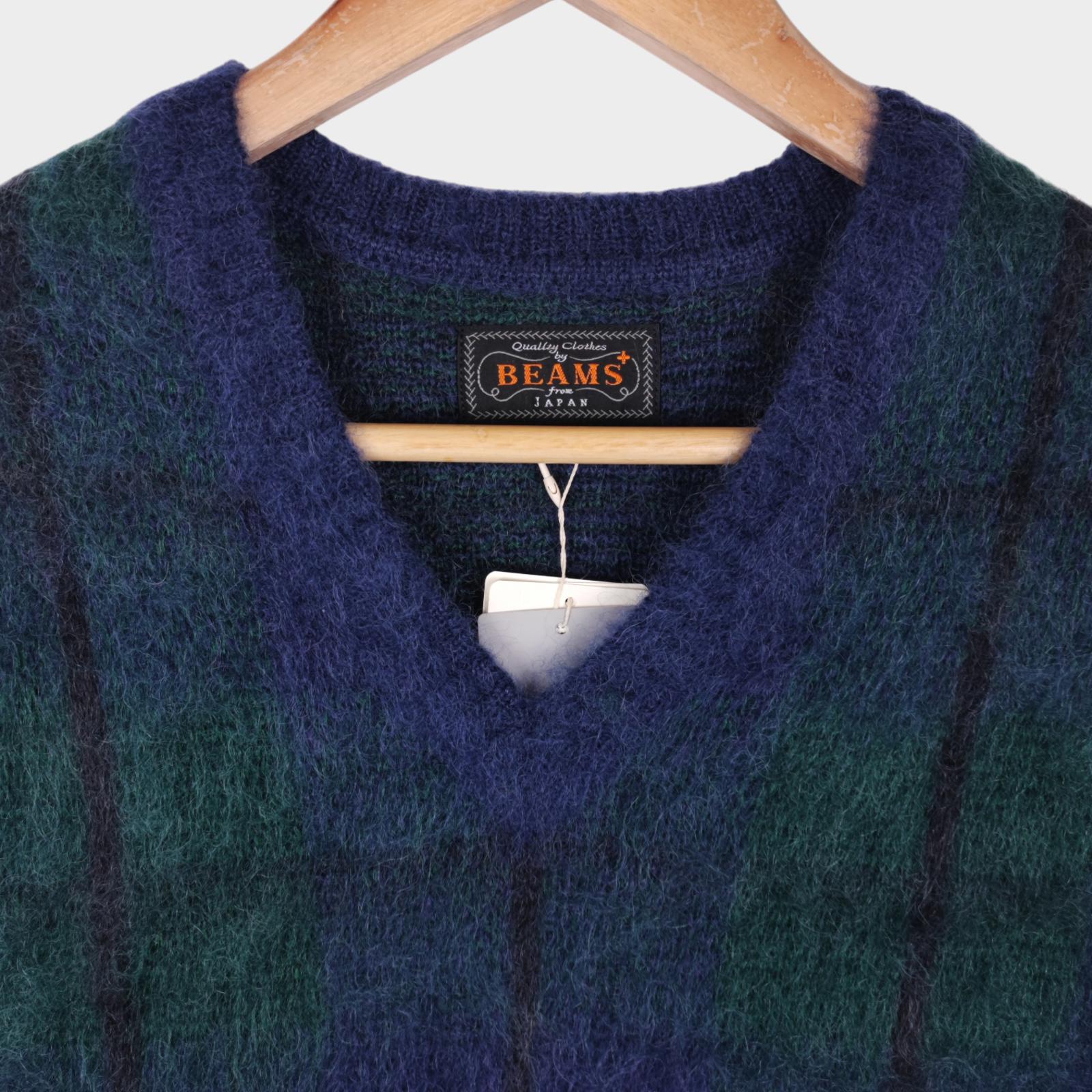 BEAMS PLUS Men's Navy/Green Check Shaggy Mohair Wool Blend Vest