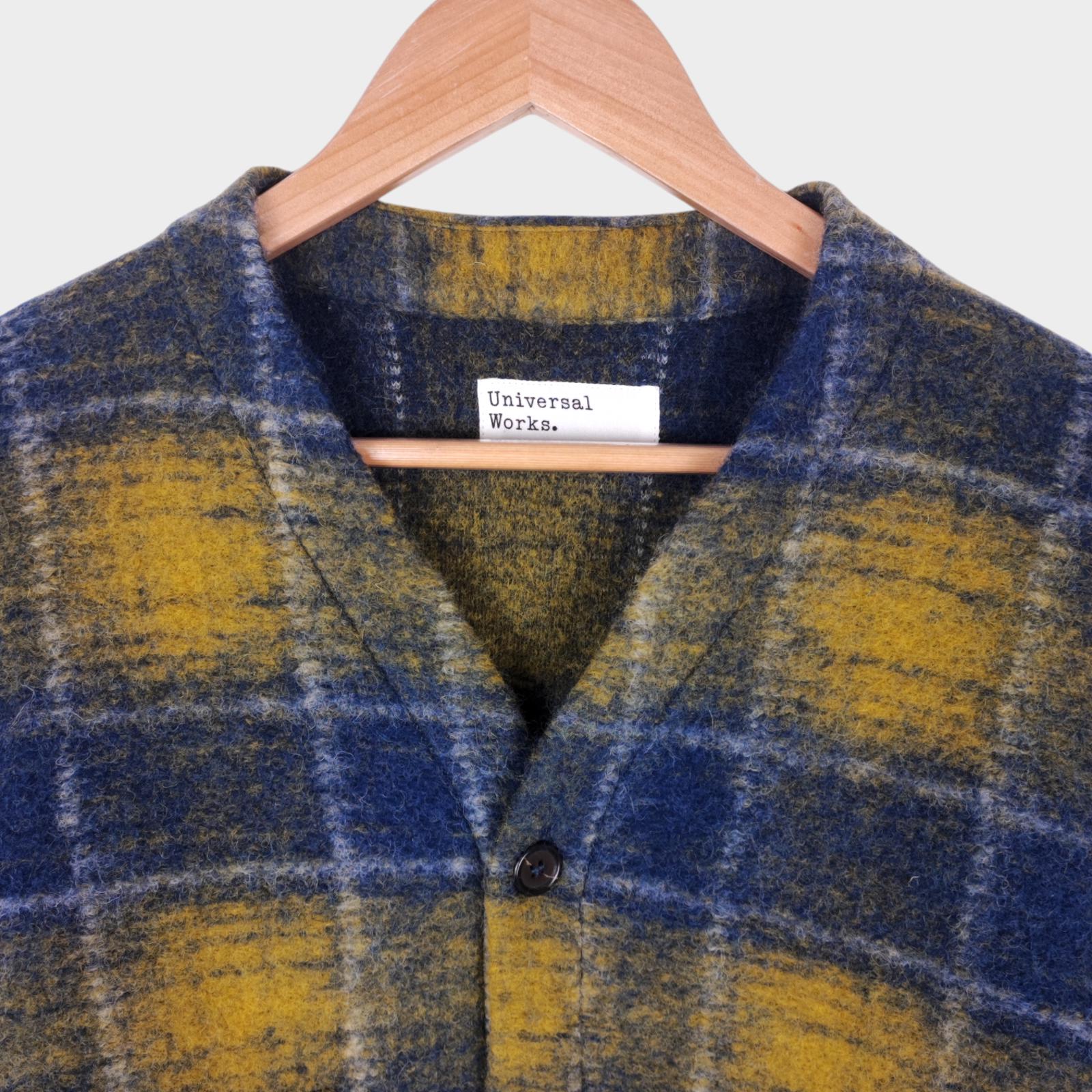 UNIVERSAL WORKS Men's Blue/Yellow Checked Wool Fleece Cardigan