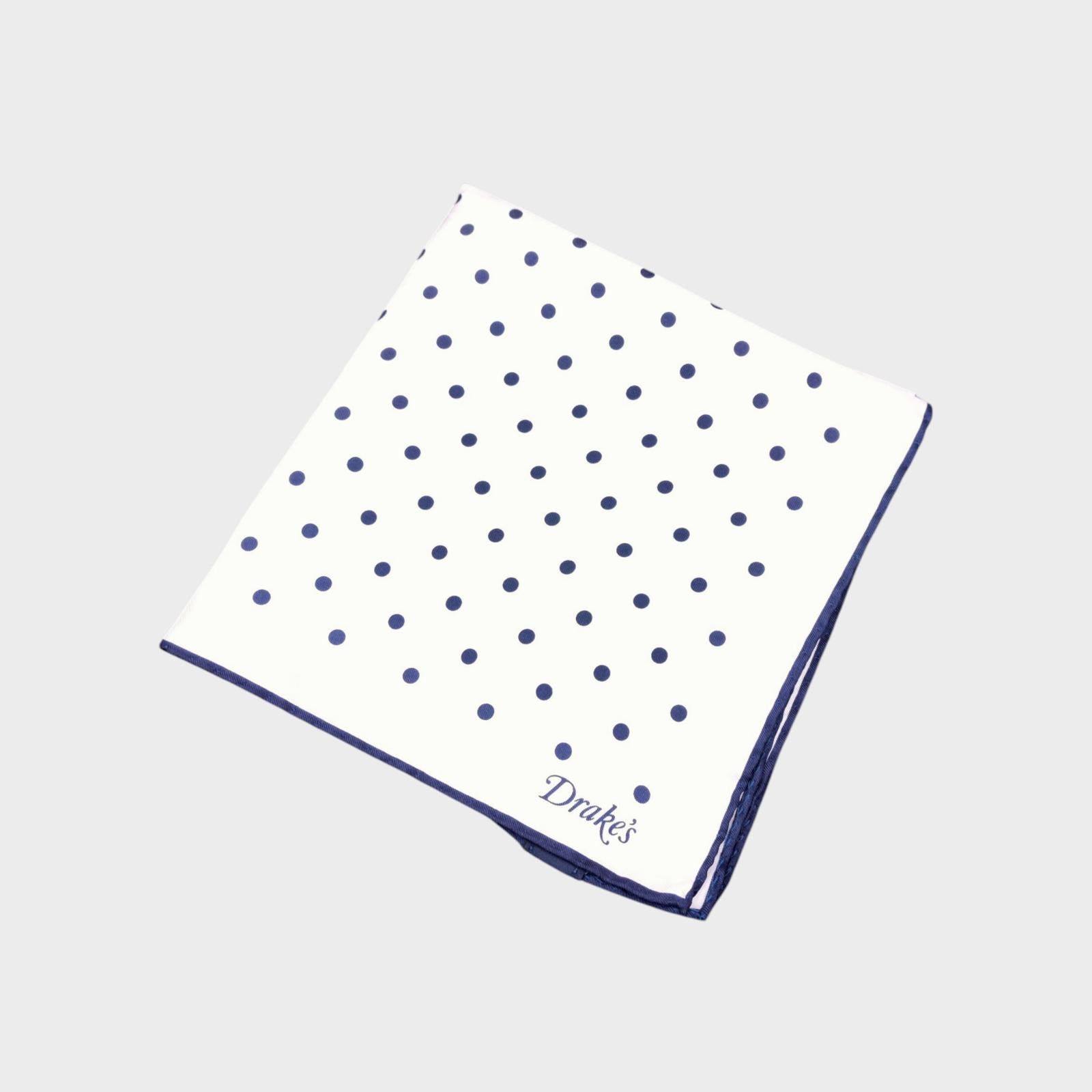 DRAKE'S 100% Silk White/Navy Made in Italy Polka Dot Print Pocket Square