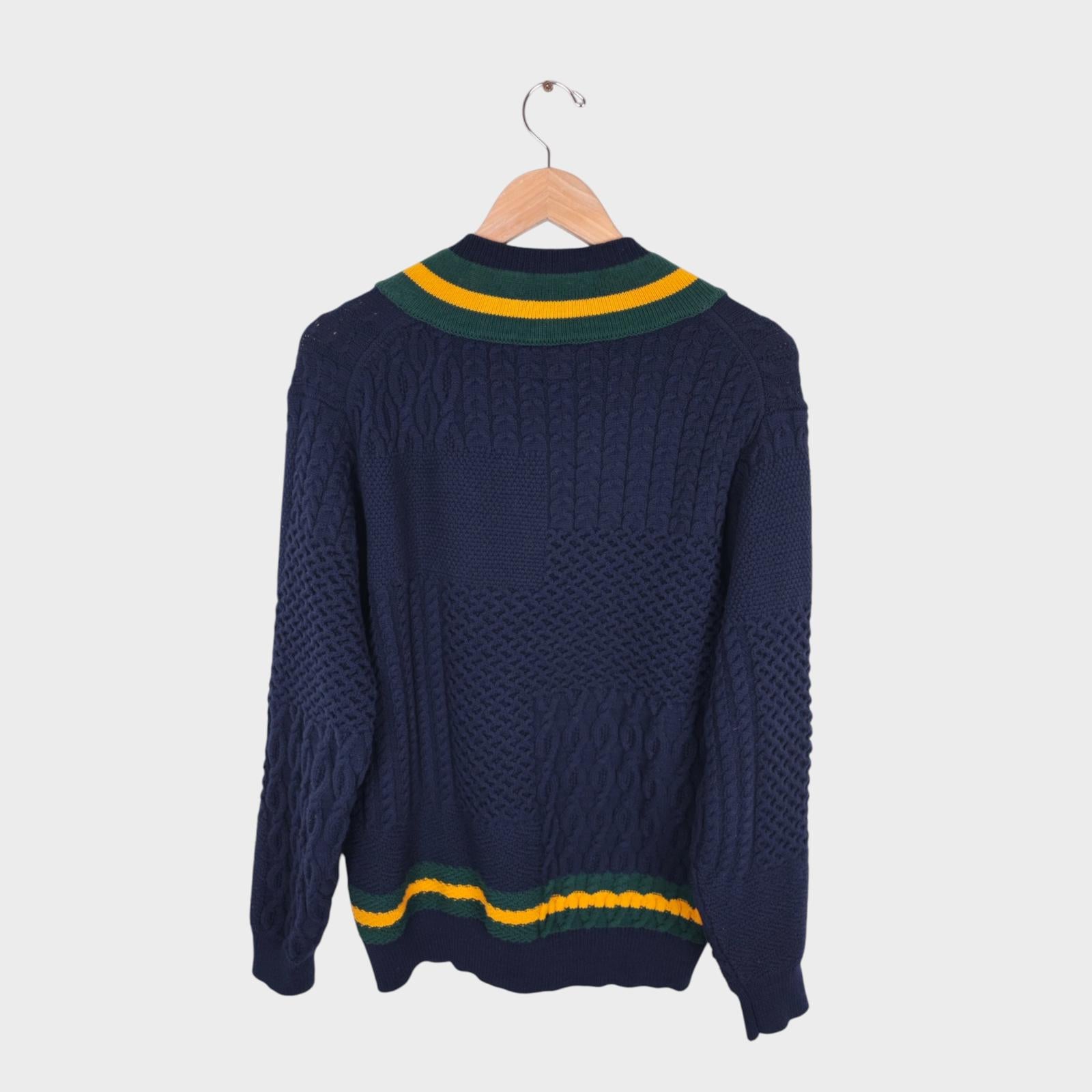 BEAMS PLUS Men's Cotton Blend Cable Knit V-Neck Cricket Jumper