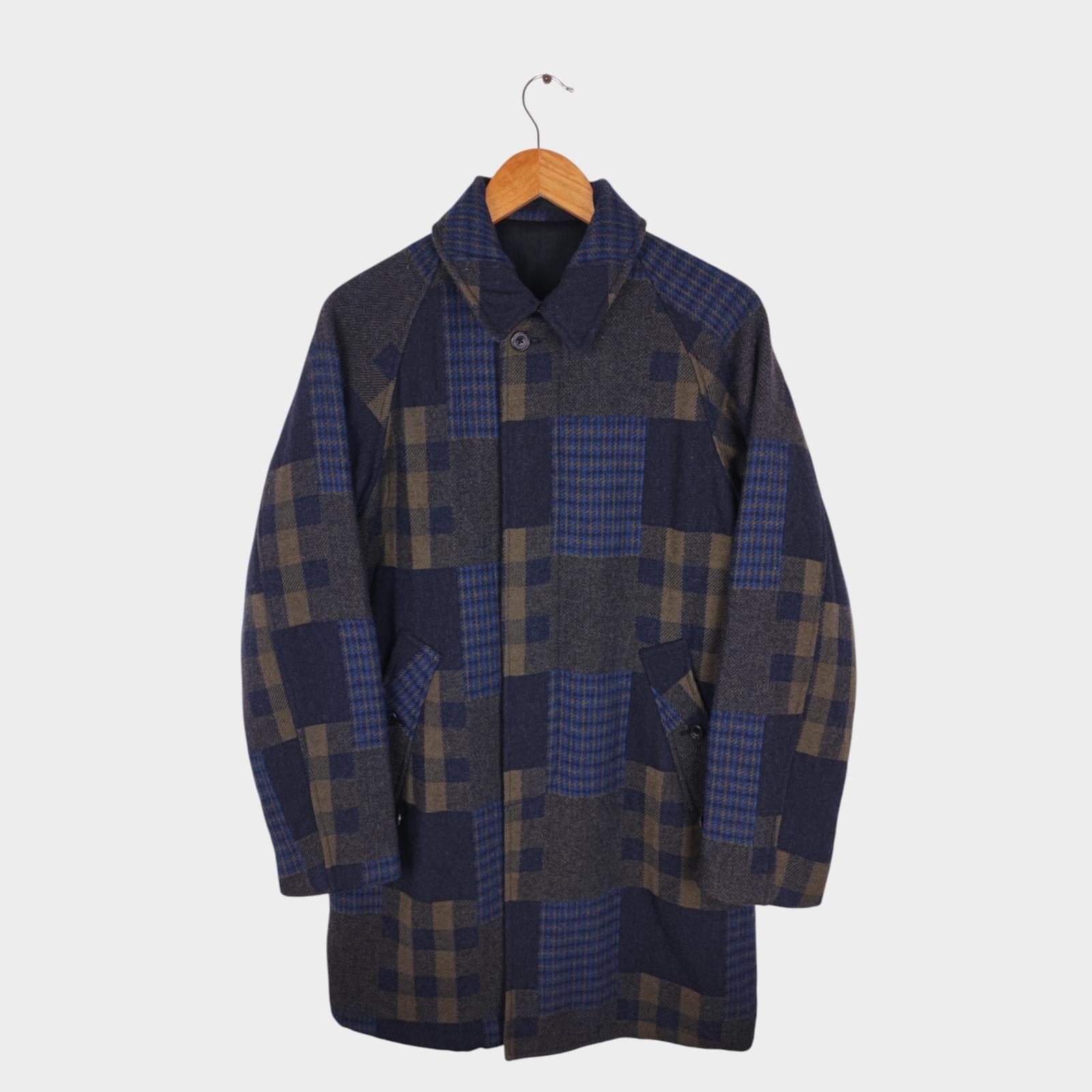 BEAMS PLUS Men's Navy Blue 100% Wool Patchwork Coat
