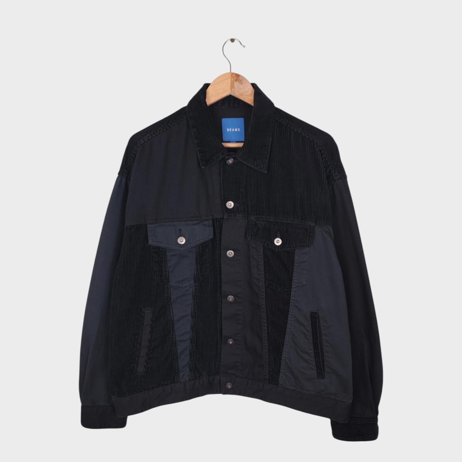 BEAMS Men's Black Corduroy Patchwork Trucker Jacket