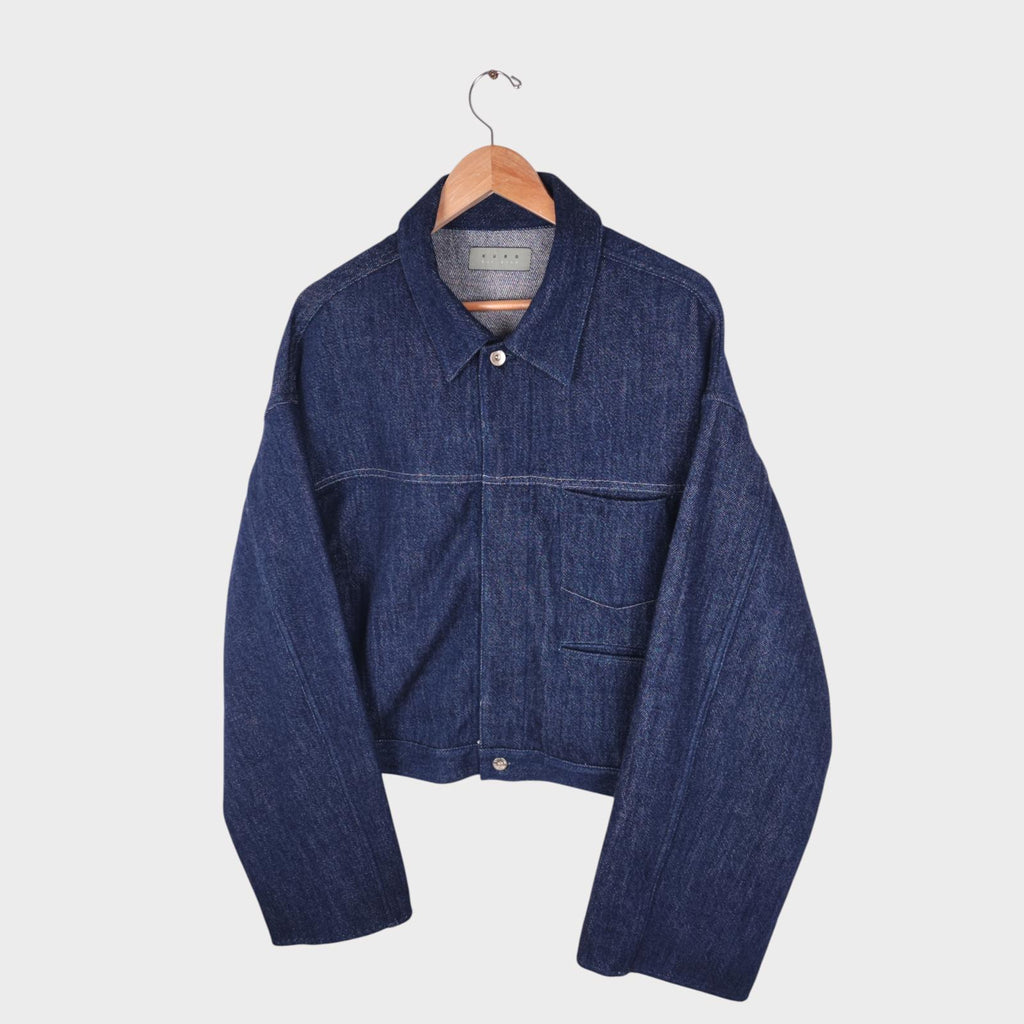 KURO Men's Blue Made in Japan Cropped Boxy Fit Raw Oversized Sleeve Denim Jacket