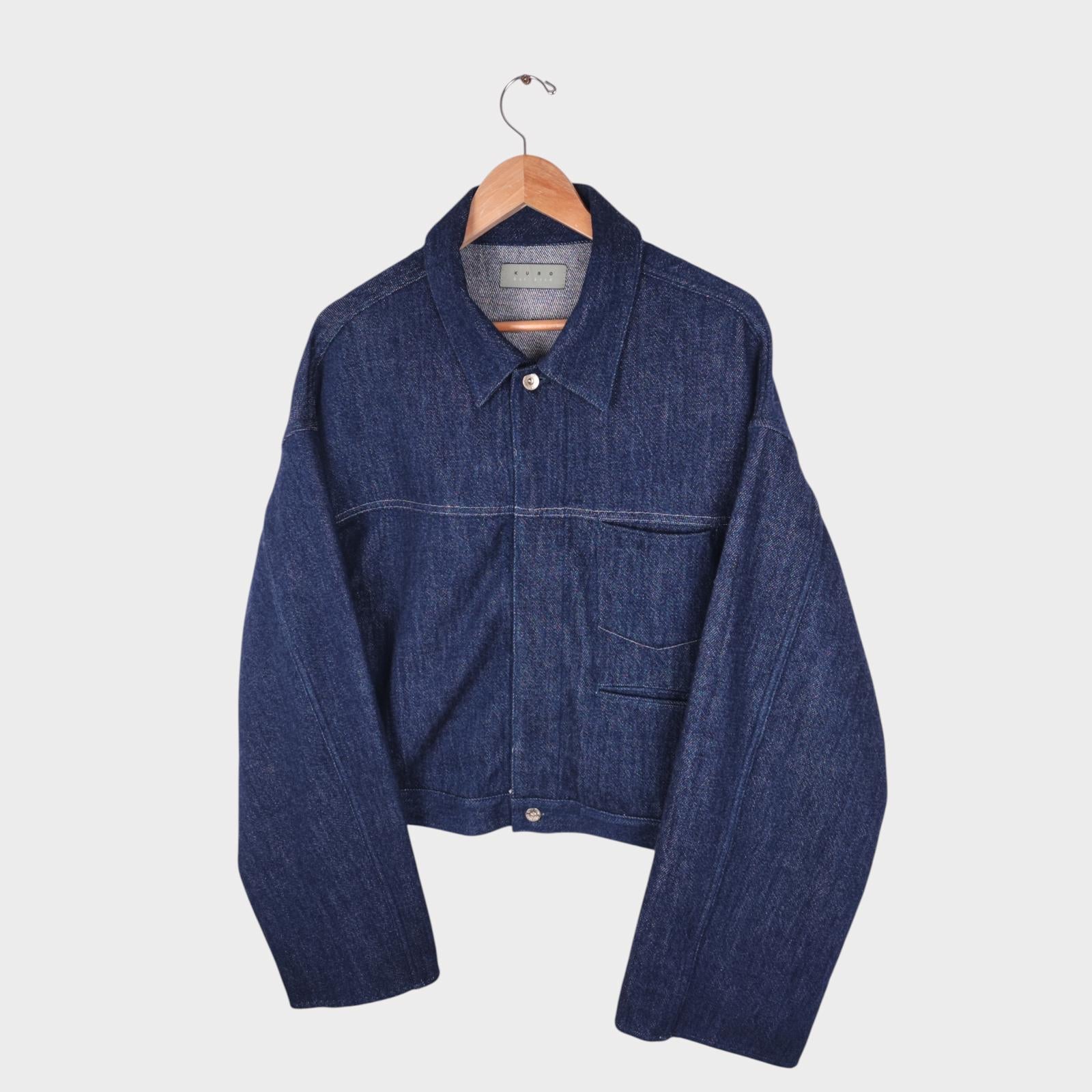 KURO Men's Blue Made in Japan Cropped Boxy Fit Raw Oversized Sleeve Denim Jacket