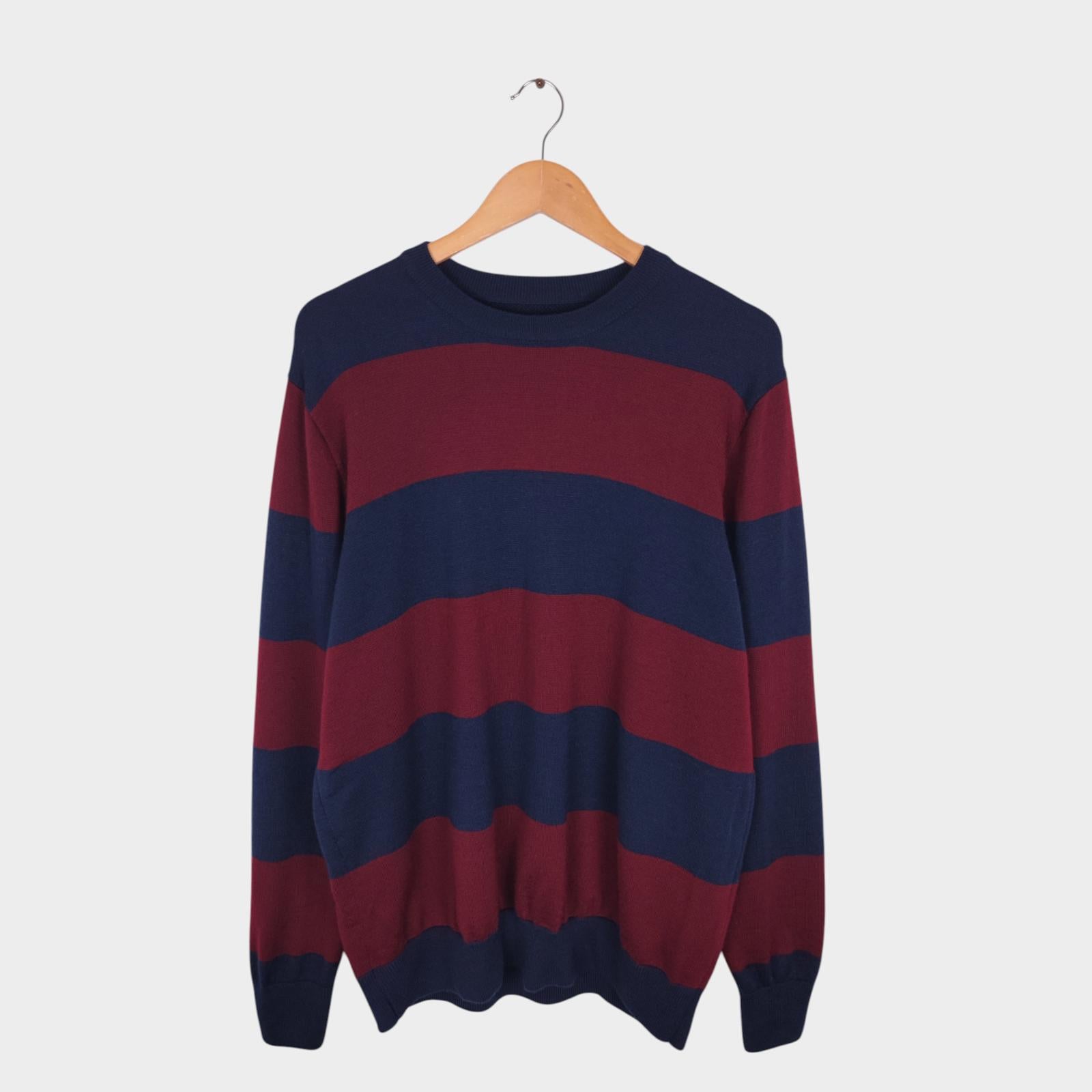 BEAMS PLUS Men's Navy/Burgundy Broad Striped 100% Wool Crewneck Jumper