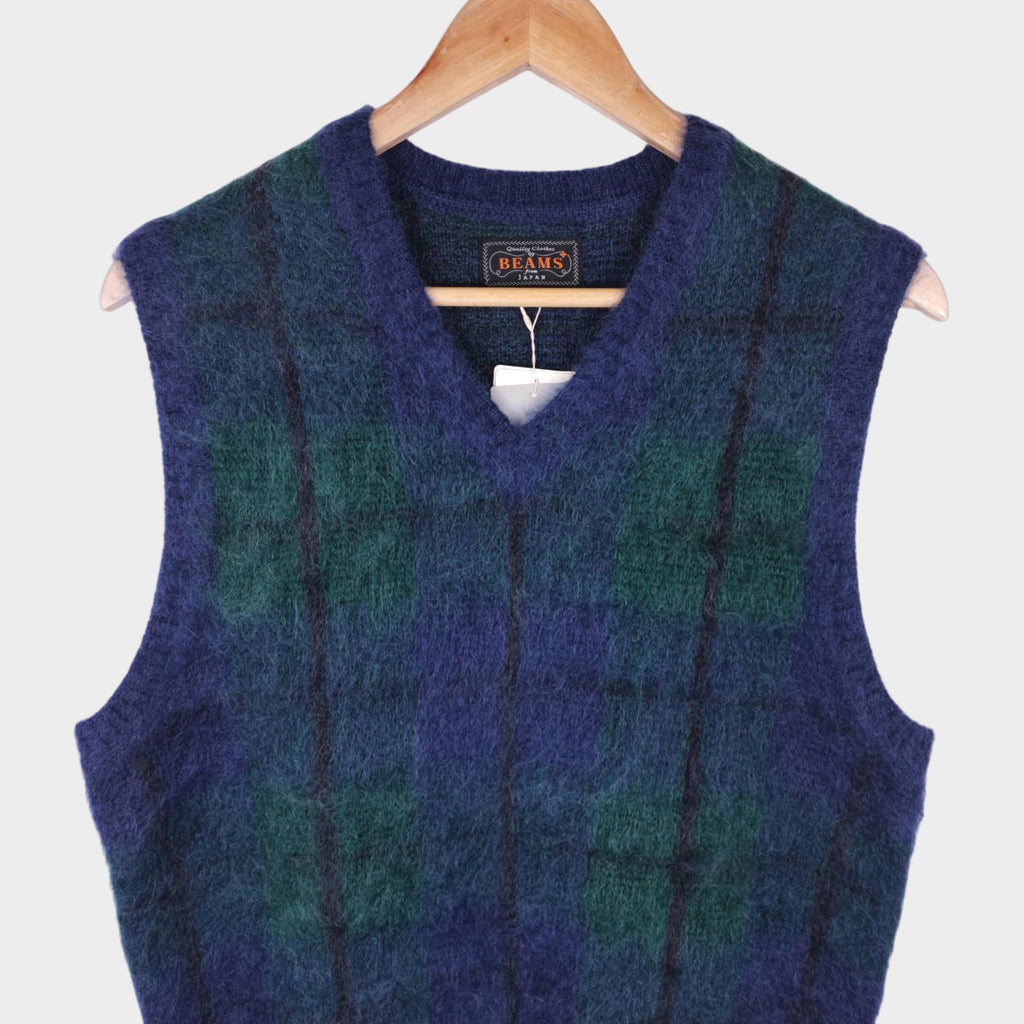 BEAMS PLUS Men's Navy/Green Check Shaggy Mohair Wool Blend Vest