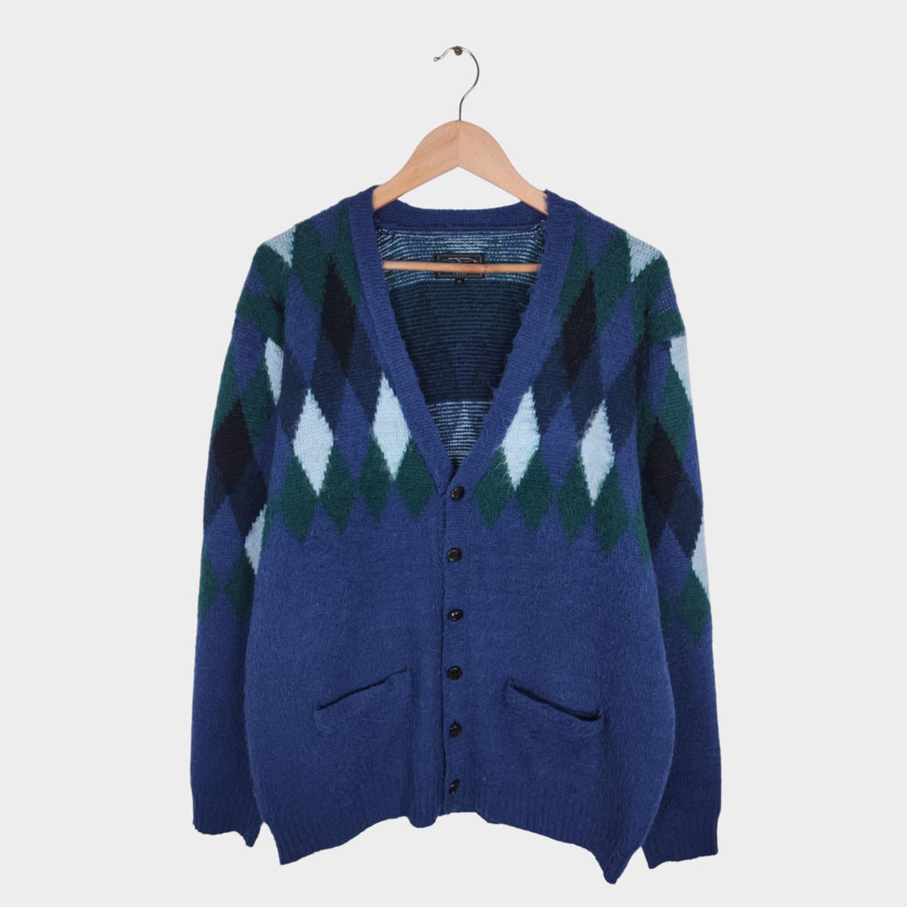 BEAMS PLUS Men's Mohair Blend Shaggy Grunge Argyle Cardigan