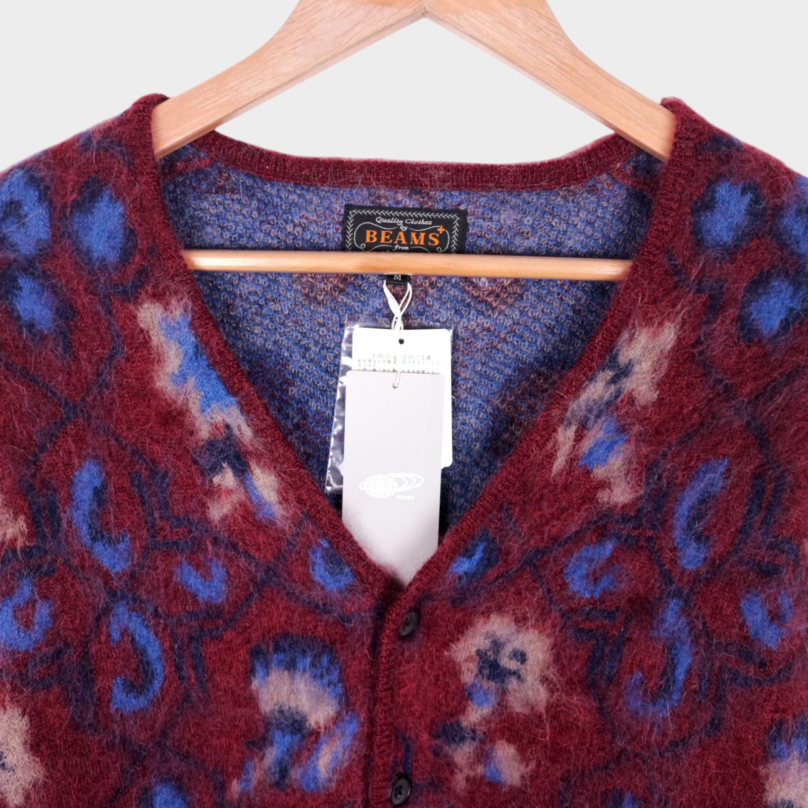 BEAMS PLUS Men's Mohair Blend Shaggy Grunge Botanical Jacquard Cardigan