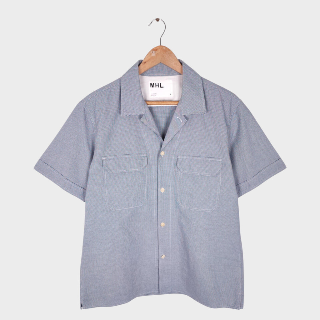 MHL MARGARET HOWELL Men's Blue Short Sleeved Micro Dogtooth Shirt
