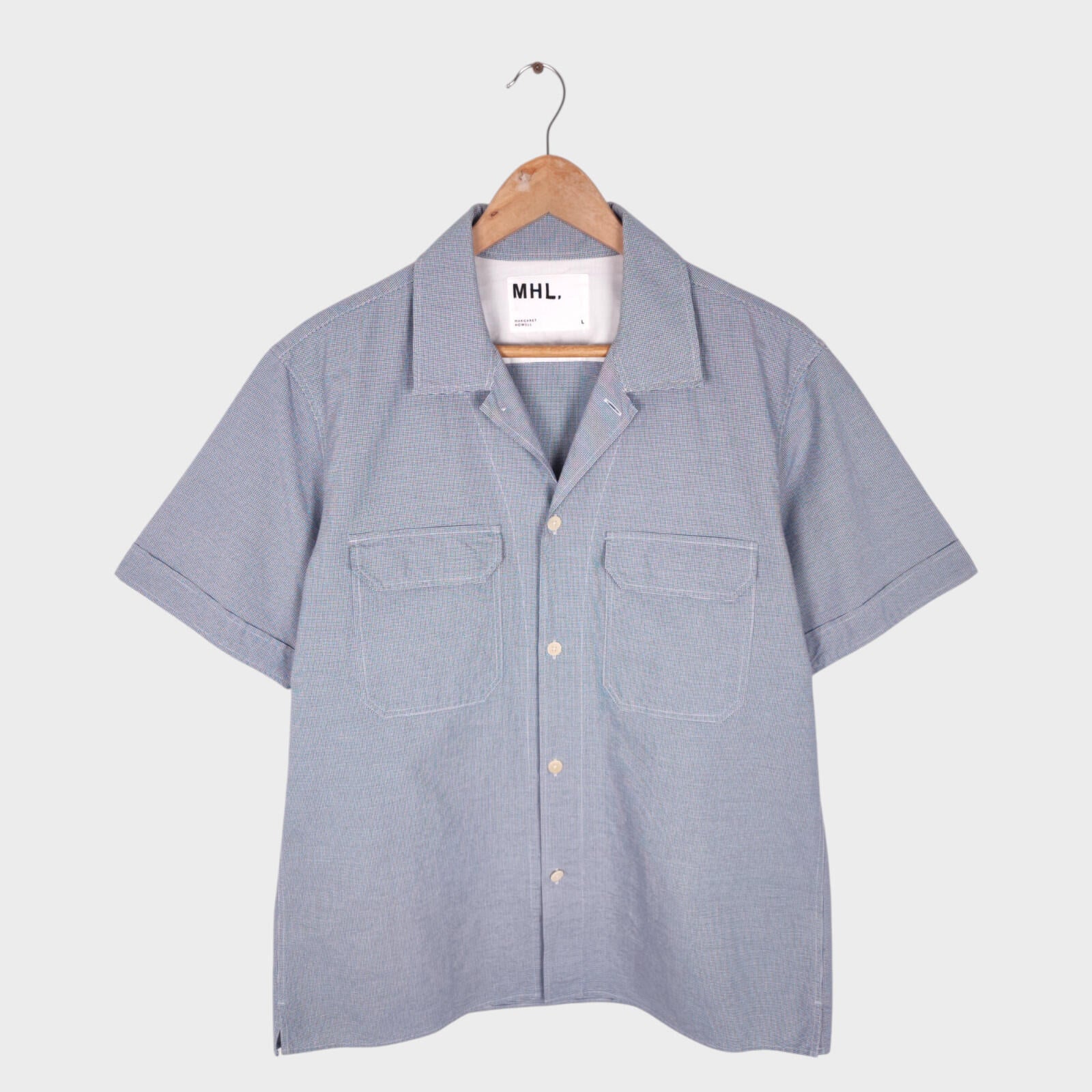 MHL MARGARET HOWELL Men's Blue Short Sleeved Micro Dogtooth Shirt
