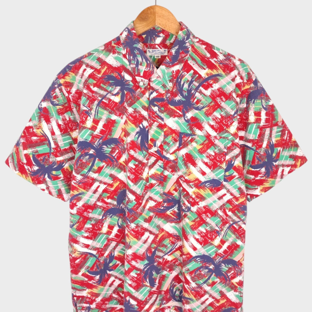 SUN SURF Men's Multicoloured Palm Tree Print Seersucker Half Placket Shirt