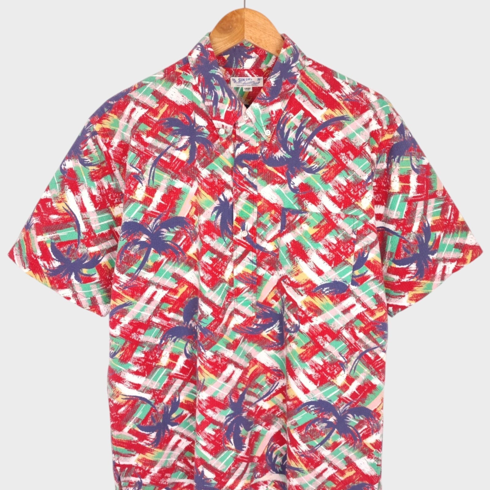 SUN SURF Men's Multicoloured Palm Tree Print Seersucker Half Placket Shirt