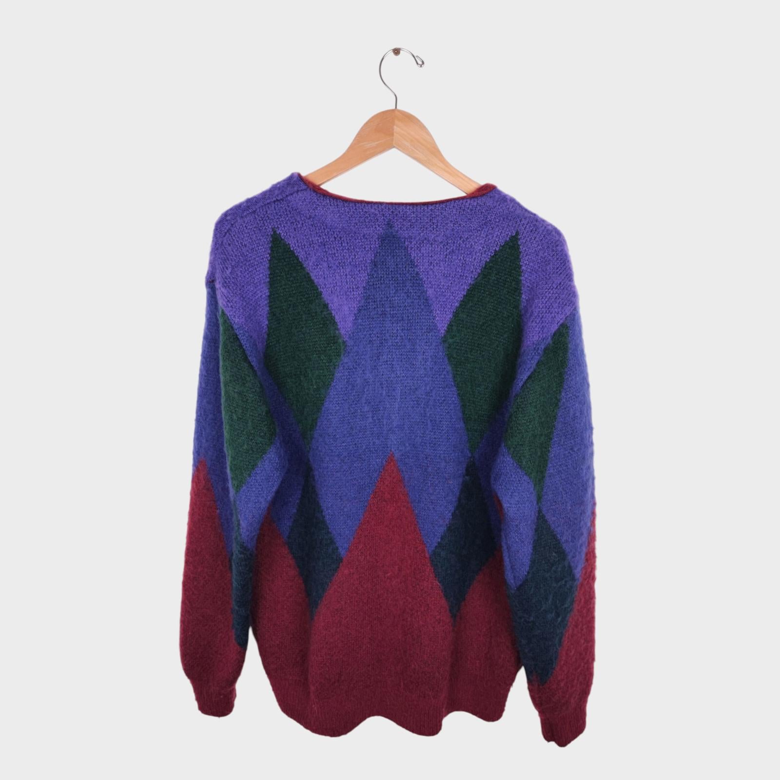 BEAMS Men's Mohair Wool Blend Shaggy Grunge Argyle Cardigan