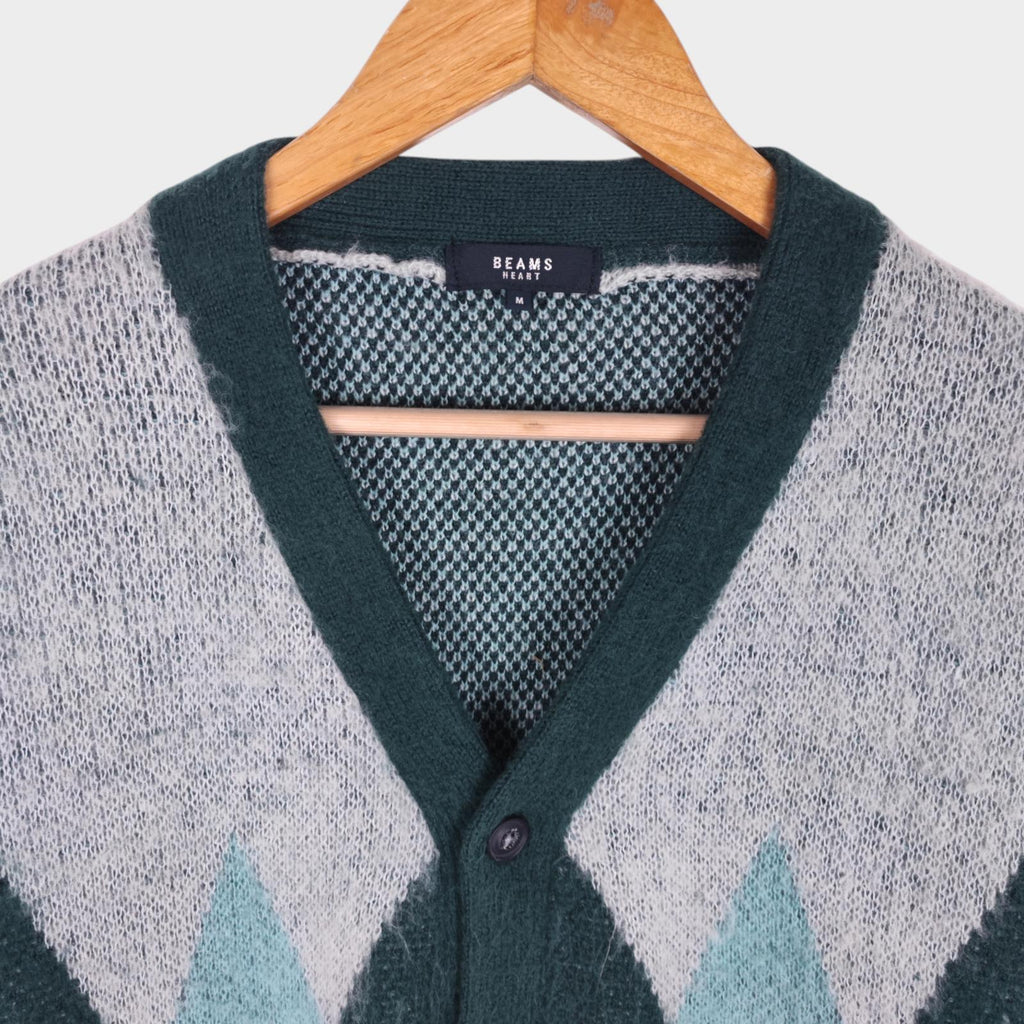 BEAMS HEART Men's Green Shaggy Grunge Argyle Cardigan