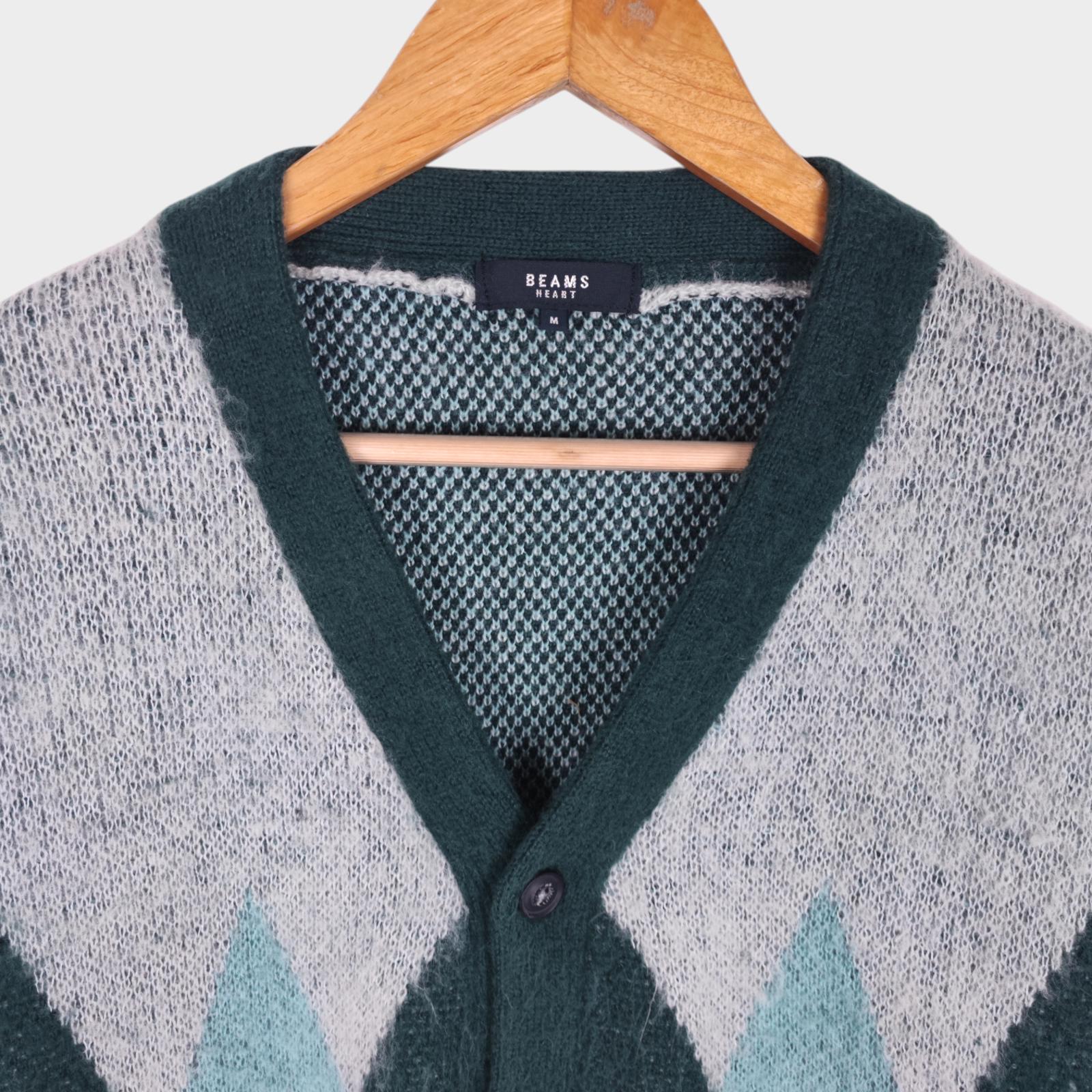 BEAMS HEART Men's Green Shaggy Grunge Argyle Cardigan