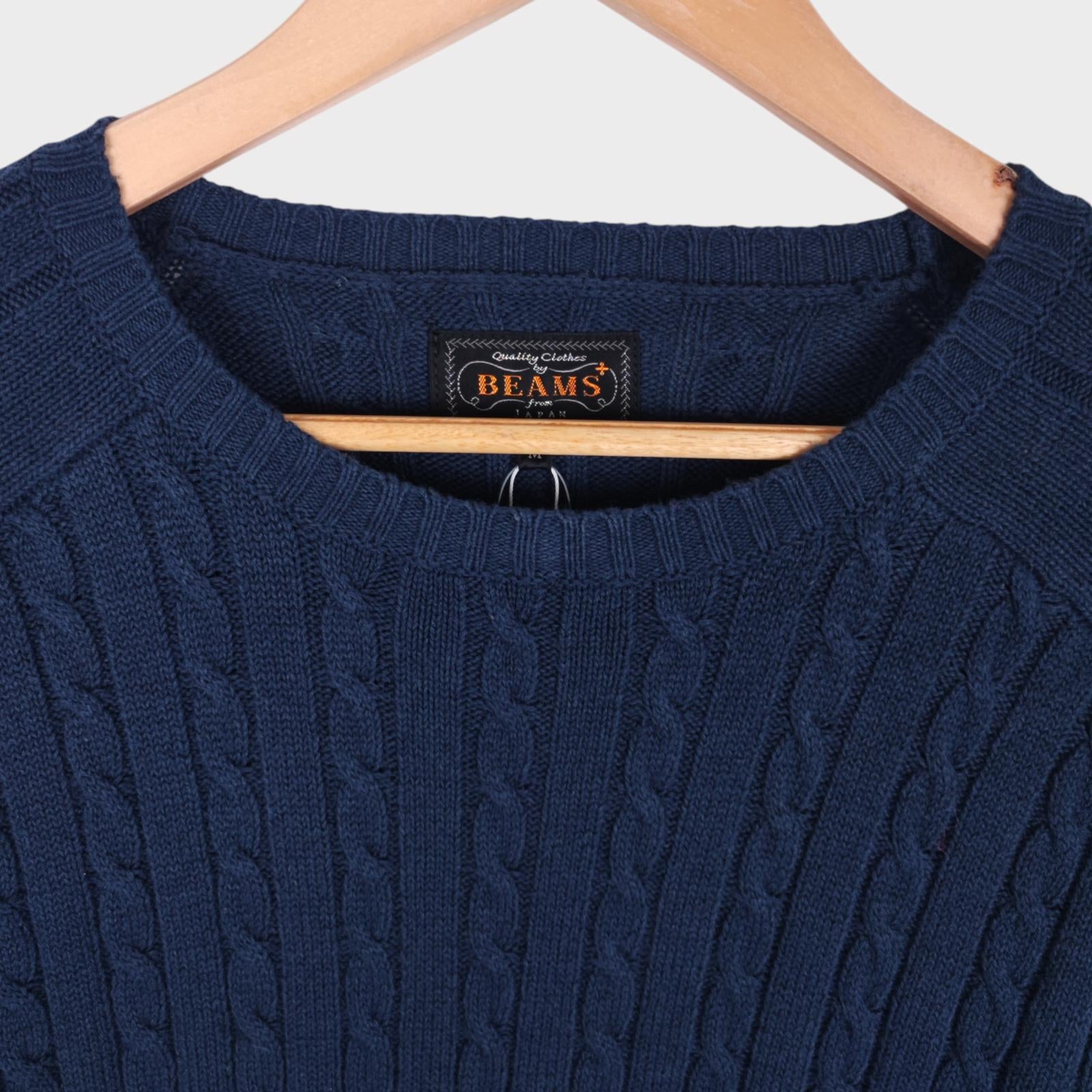 BEAMS PLUS Men's Navy Blue Linen/Cotton Blend Cable Knit Jumper