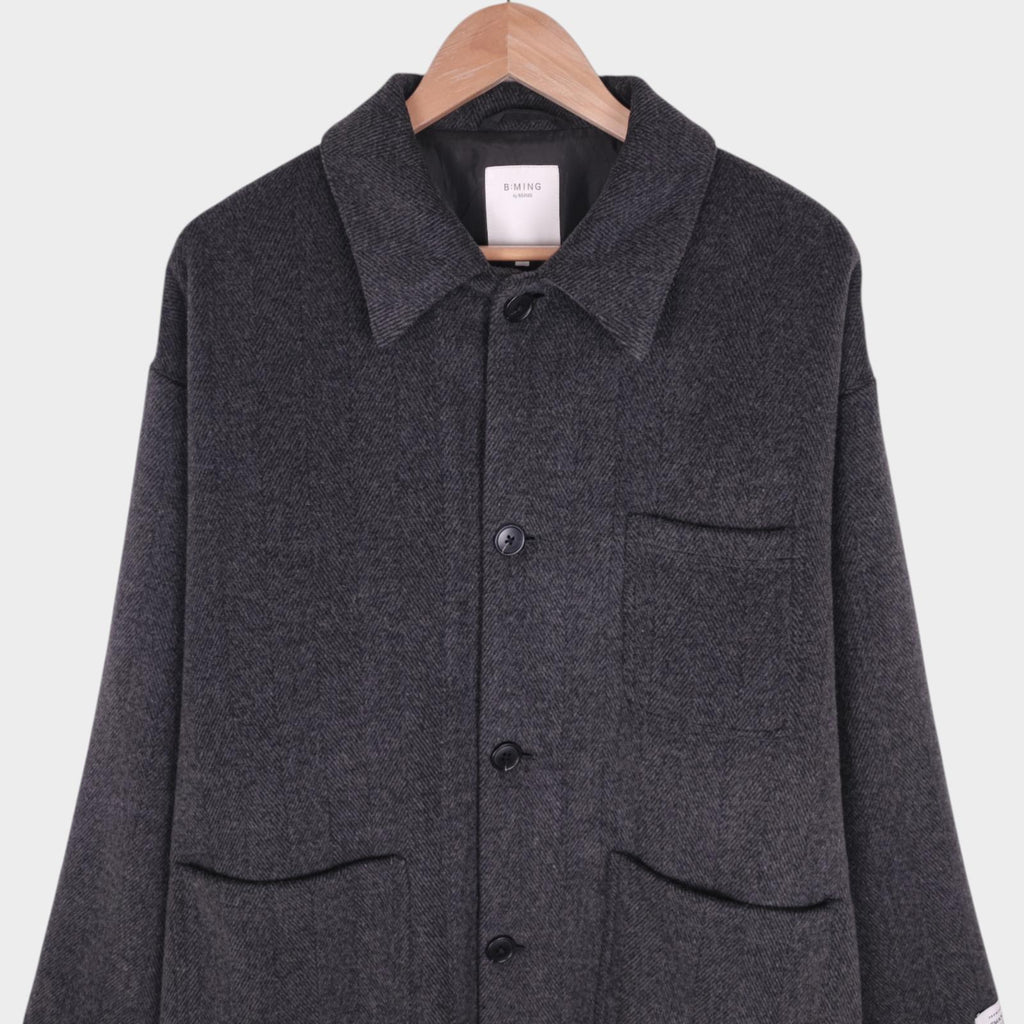 BEAMS B:MING Men's Grey Herringbone Tasmania Wool Blend Chore Jacket