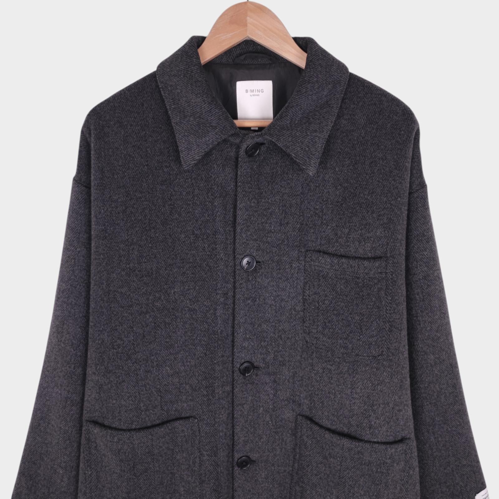 BEAMS B:MING Men's Grey Herringbone Tasmania Wool Blend Chore Jacket
