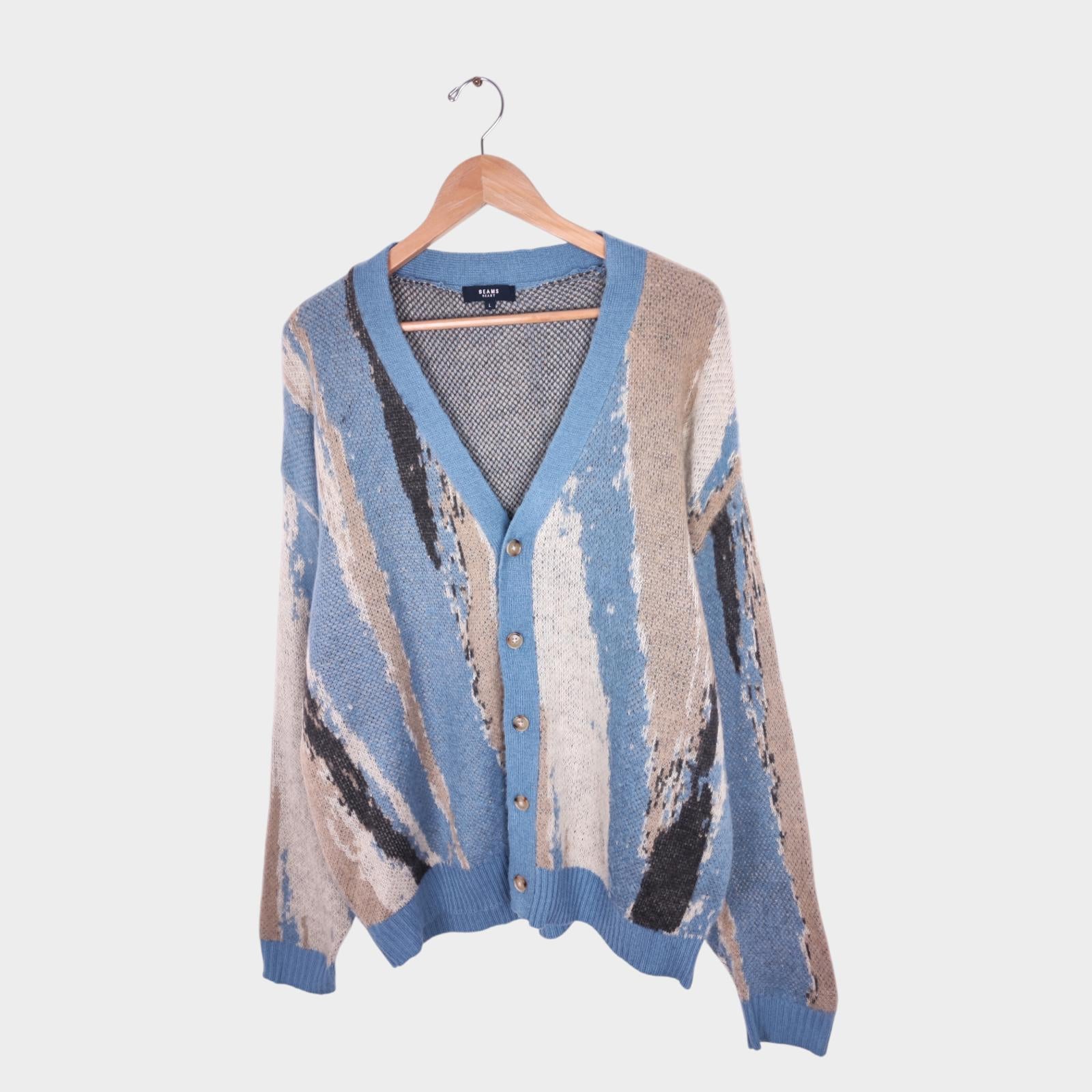 BEAMS HEART Men's Blue Marble Jacquard Shaggy Grunge Cardigan
