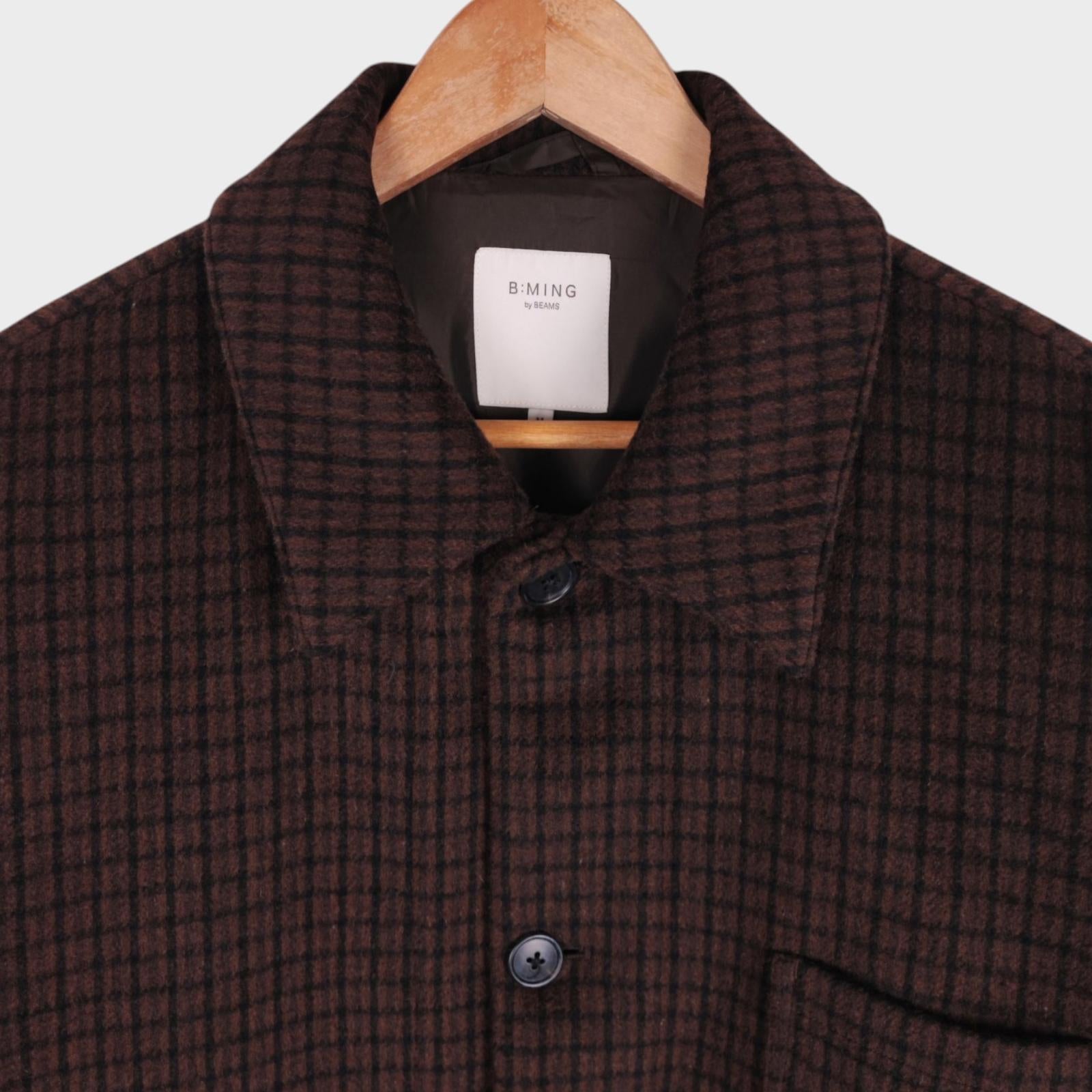 BEAMS B:MING Men's Brown Check Tasmanian Wool Blend Chore Jacket