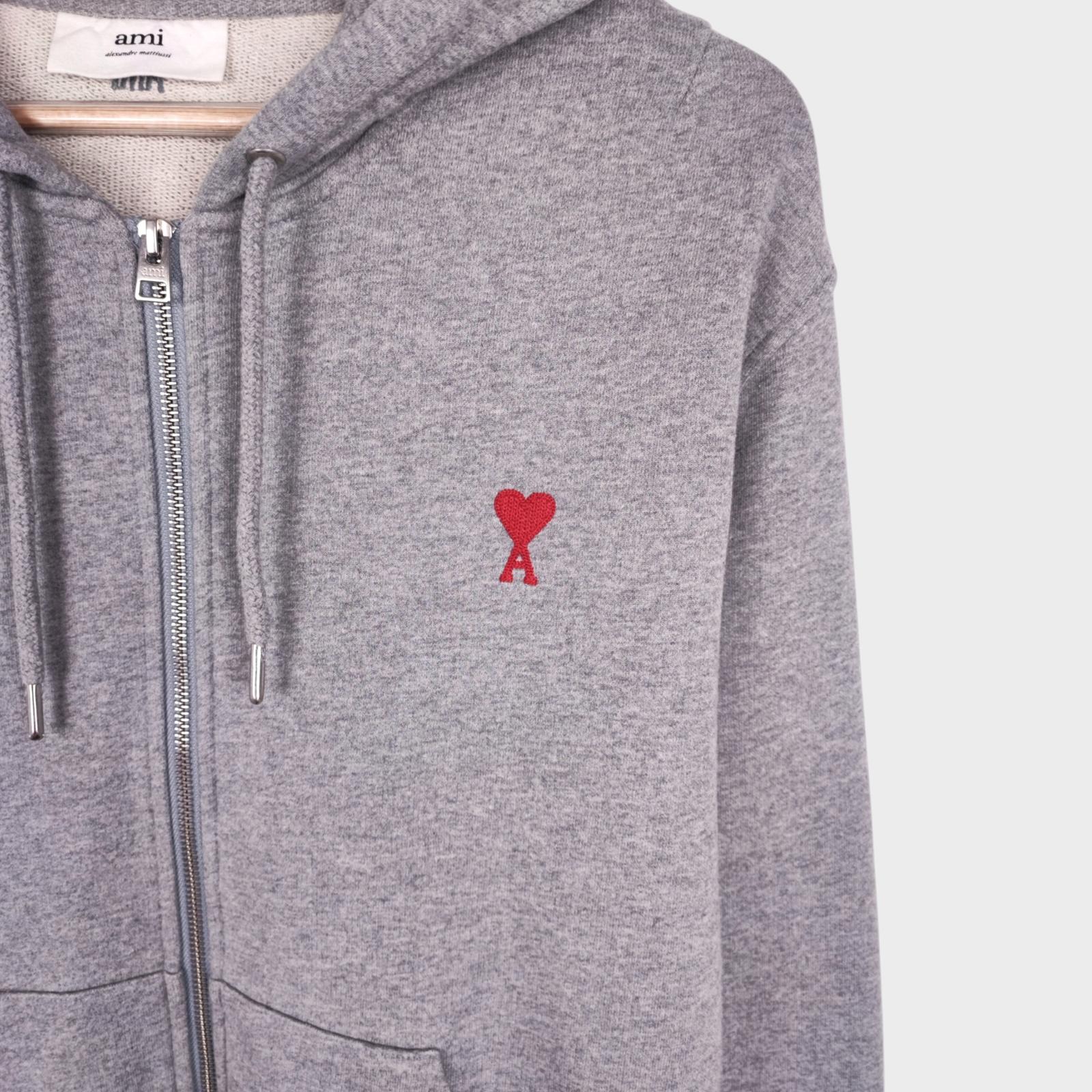 AMI PARIS Men's Grey Embroidered Heart Heavyweight Zip Hoodie