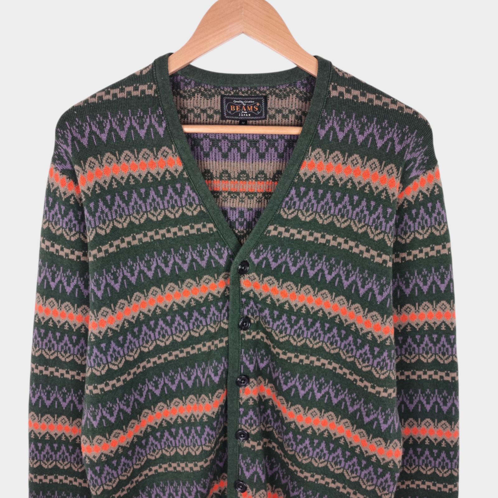 BEAMS PLUS Men's Multicoloured Fairisle Ramie Cotton Blend Cardigan