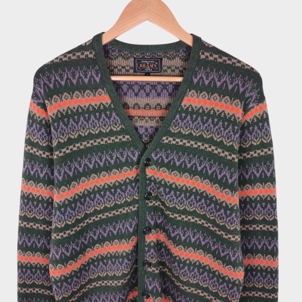 BEAMS PLUS Men's Multicoloured Fairisle Ramie Cotton Blend Cardigan