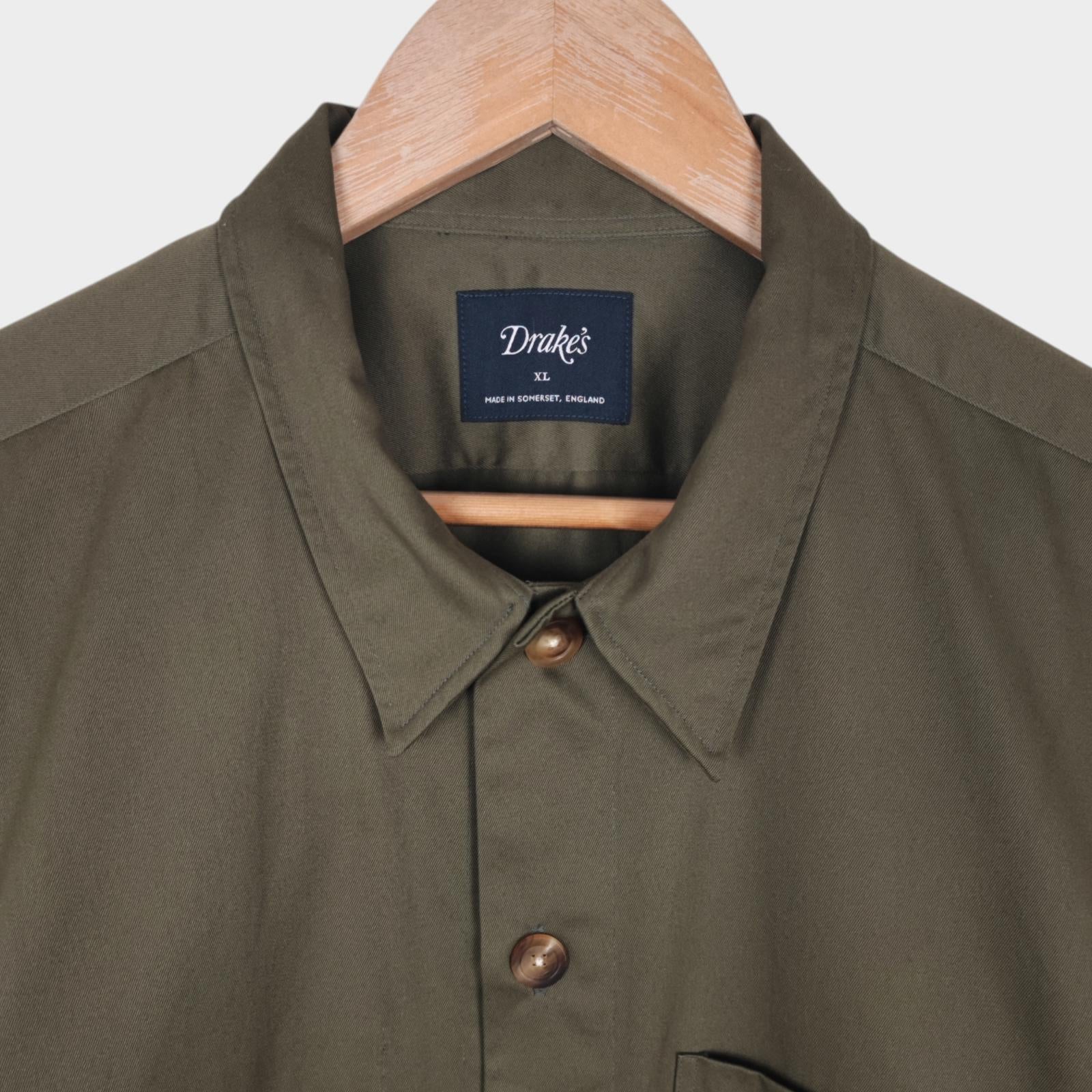 DRAKE'S Men's Khaki Green Made in England Cotton Safari Overshirt Jacket