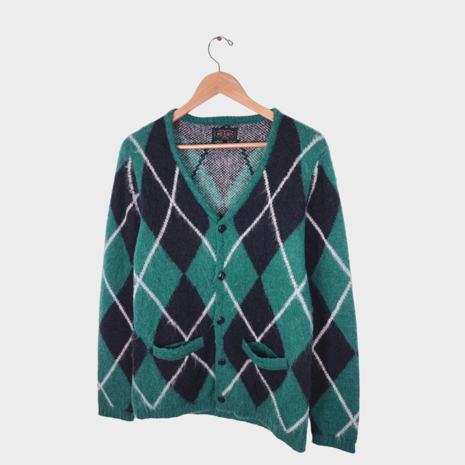 BEAMS PLUS Men's Mohair Blend Shaggy Grunge Argyle Cardigan