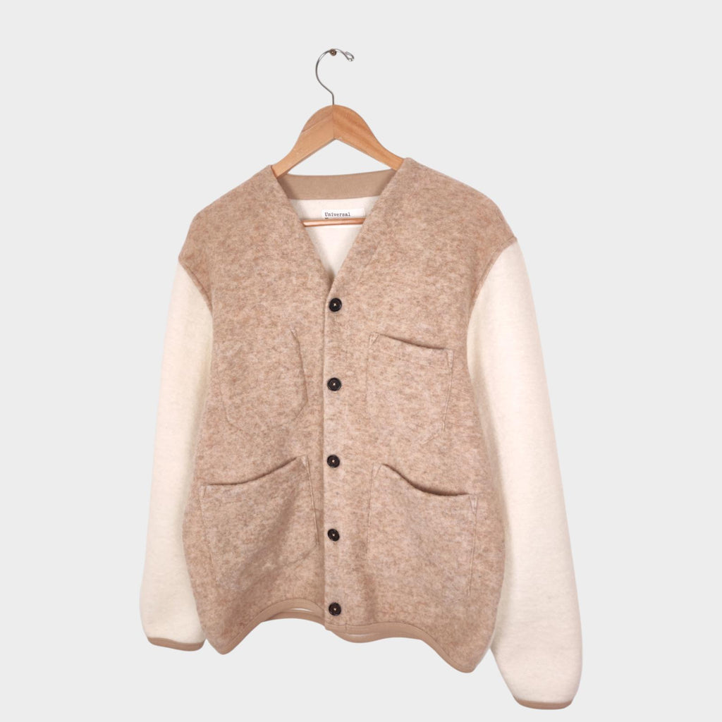 UNIVERSAL WORKS Men's Beige/Ecru Colourblock Wool Fleece Cardigan
