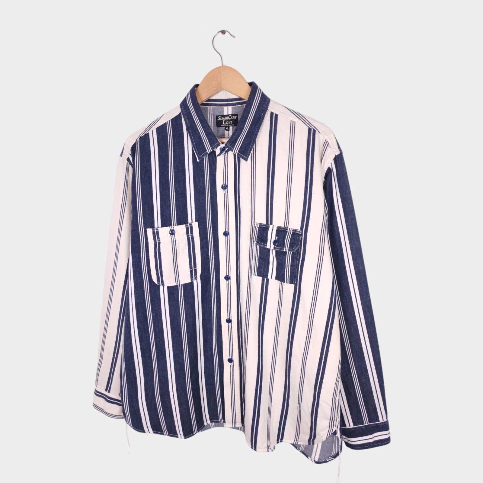 SUGAR CANE Men's Made in Japan Cream/Navy Striped Panelled Shirt