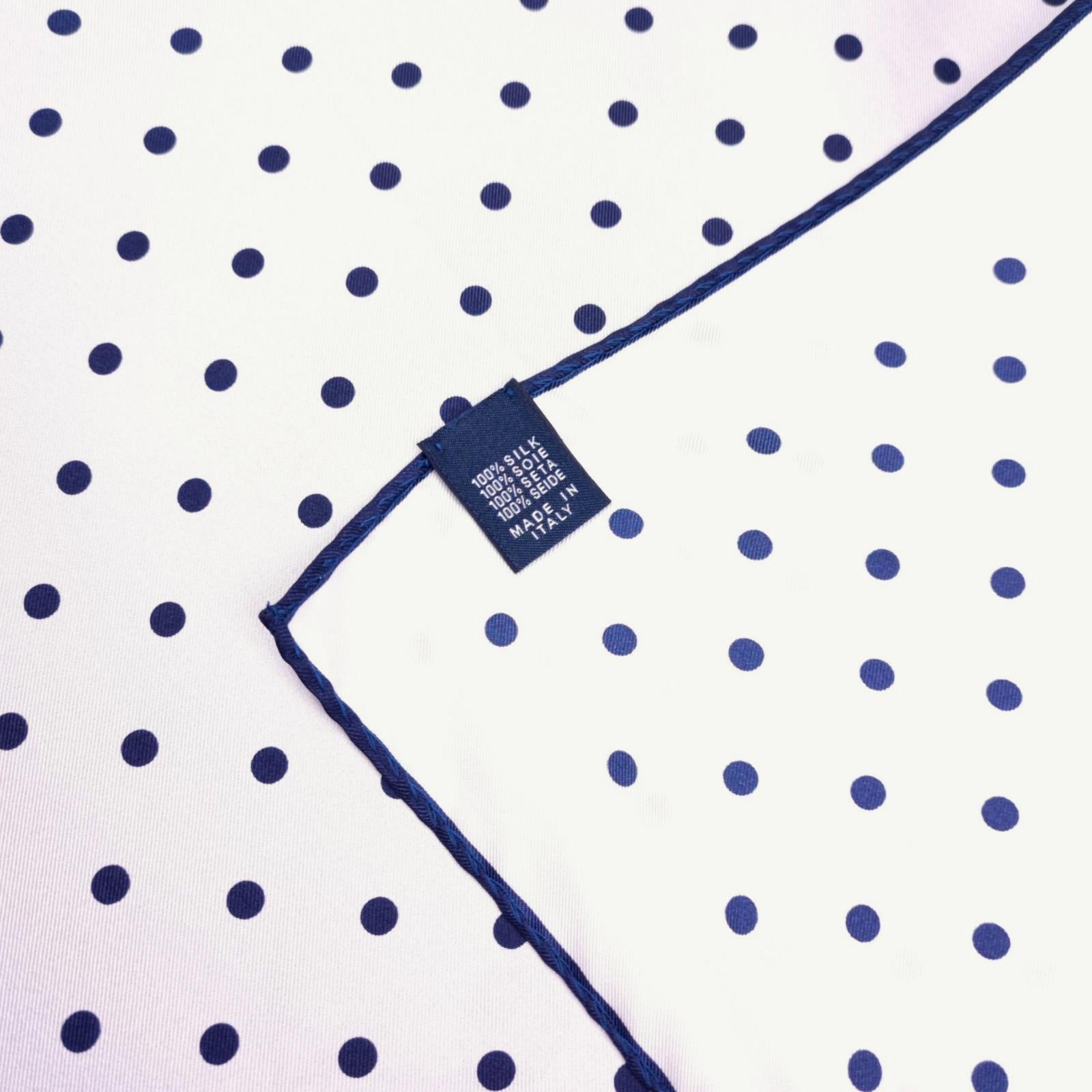 DRAKE'S 100% Silk White/Navy Made in Italy Polka Dot Print Pocket Square