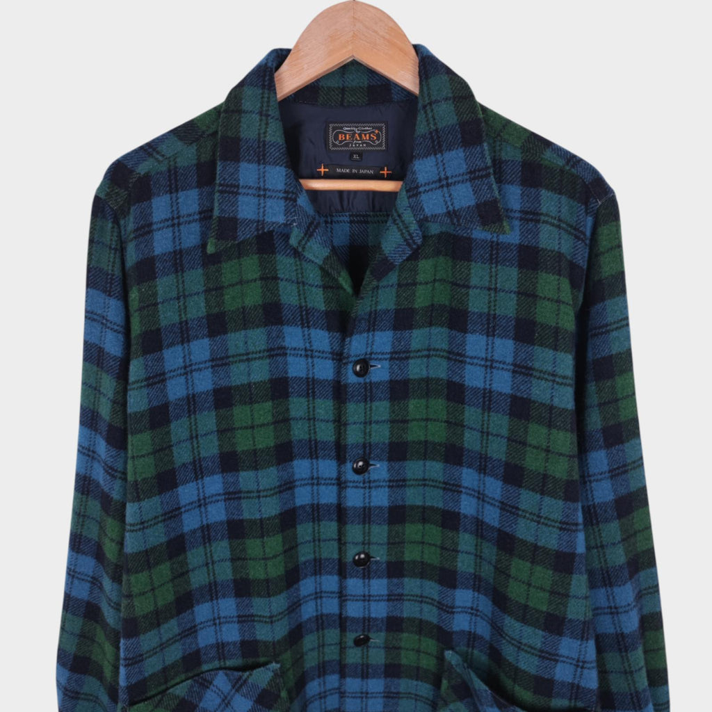 BEAMS PLUS Men's Made in Japan Green/Blue Checked Wool Blend Camp Jacket