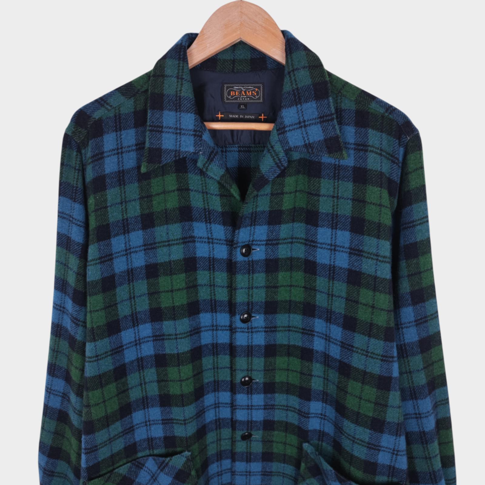 BEAMS PLUS Men's Made in Japan Green/Blue Checked Wool Blend Camp Jacket