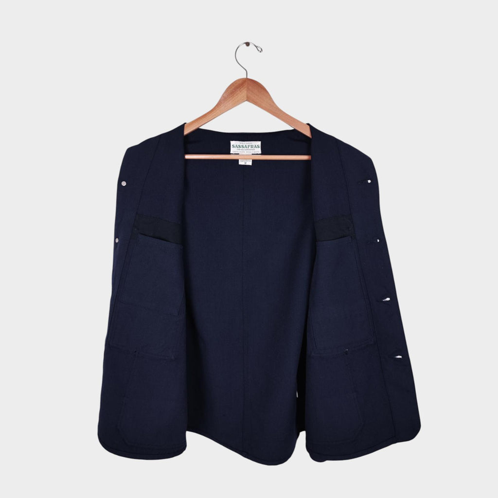 SASSAFRAS Men's Made in Japan Navy Blue 100% Wool Transplant Chore Jacket