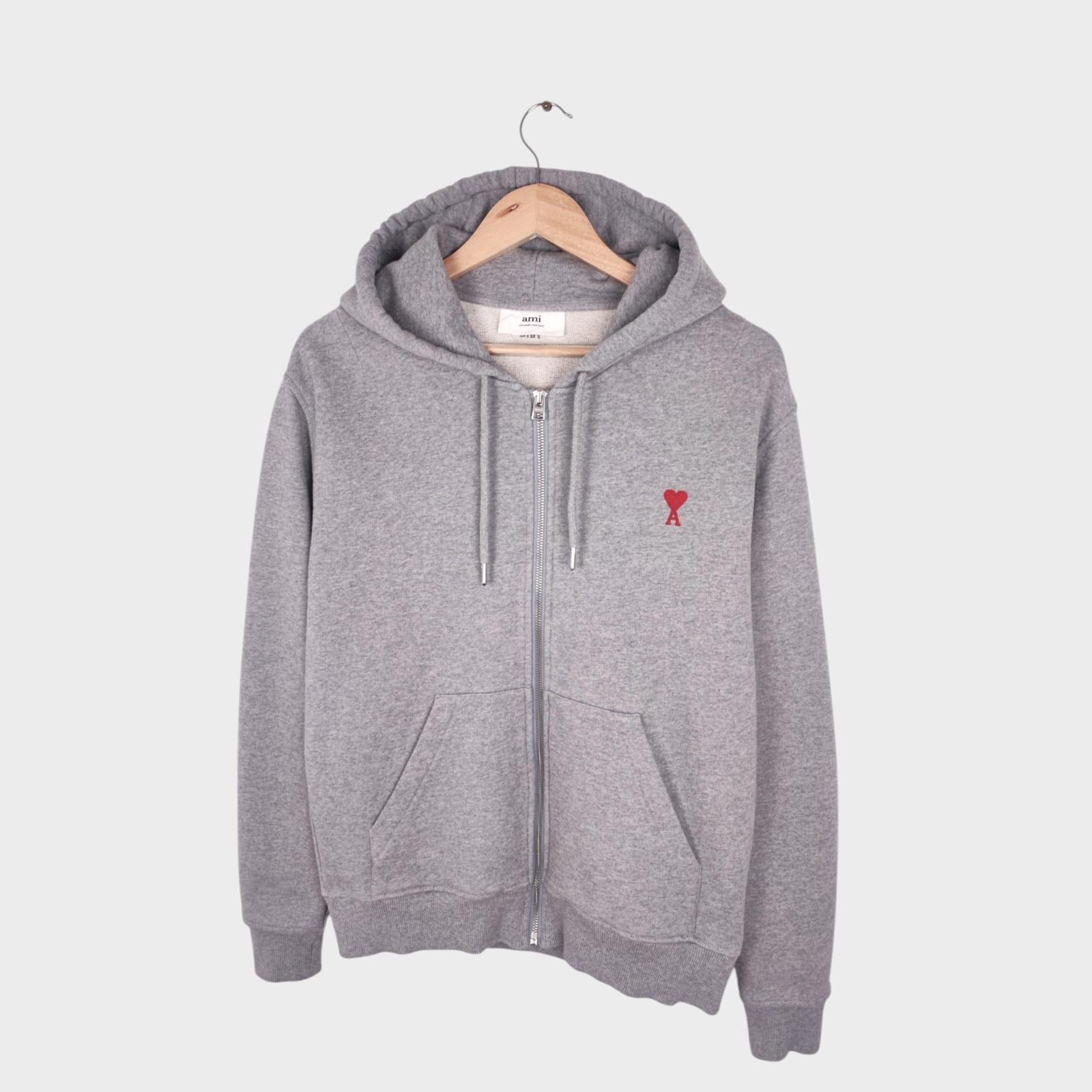 AMI PARIS Men's Grey Embroidered Heart Heavyweight Zip Hoodie