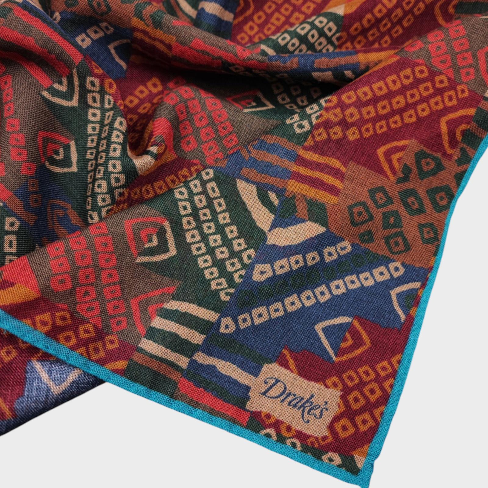 DRAKE'S Wool/Silk Made in Italy Patchwork Kelim Print Pocket Square