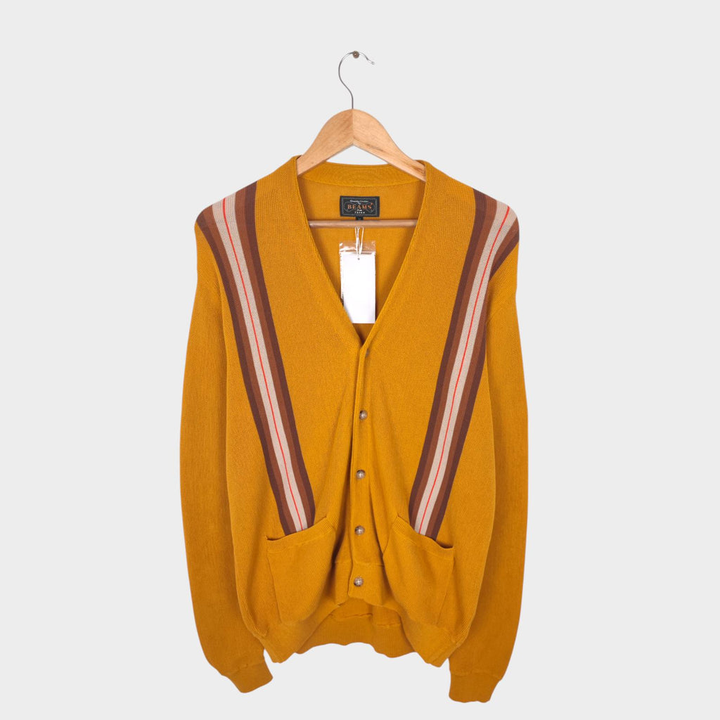BEAMS PLUS Men's Yellow Jacquard Stripe Cotton Knitted Cardigan
