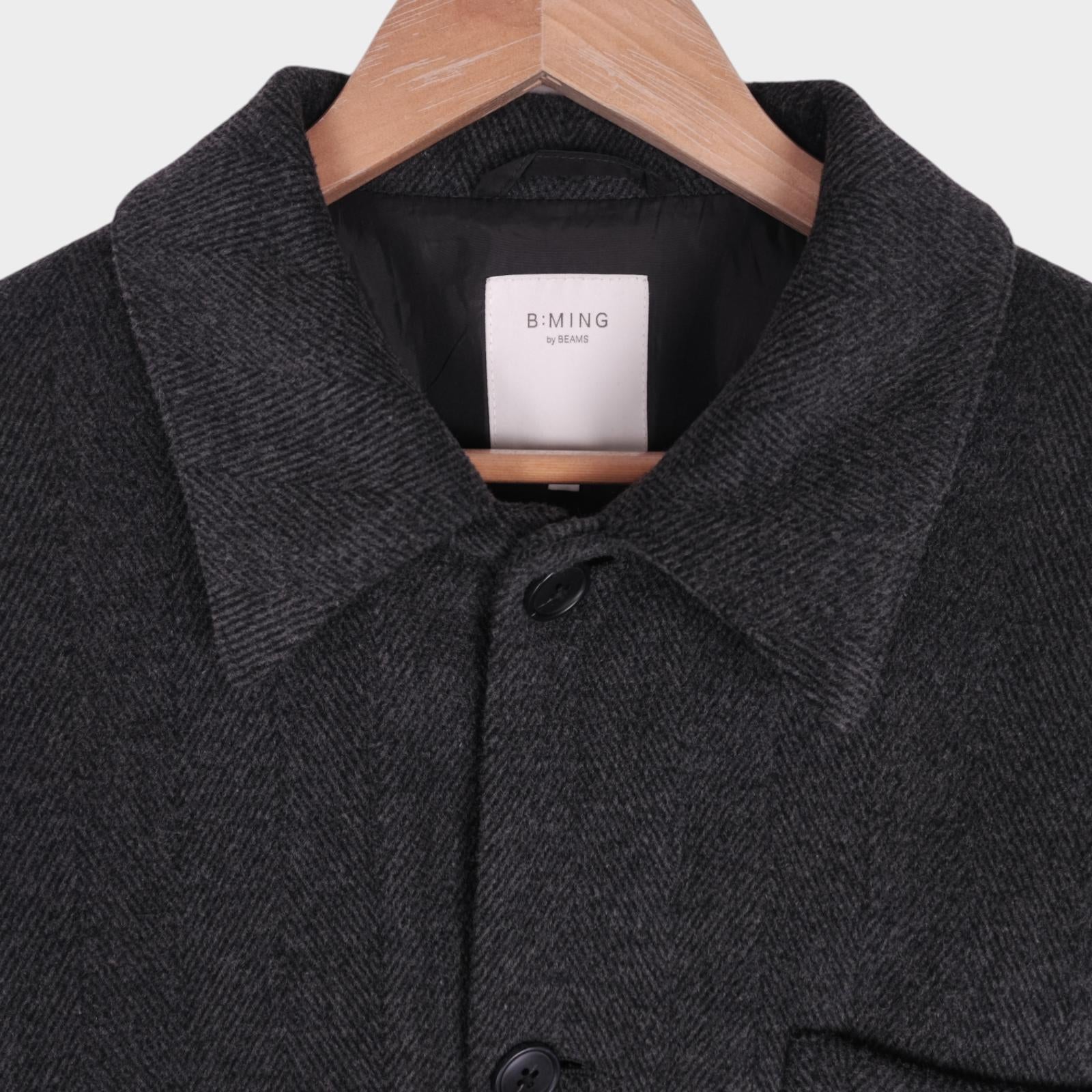 BEAMS B:MING Men's Grey Herringbone Tasmania Wool Blend Chore Jacket
